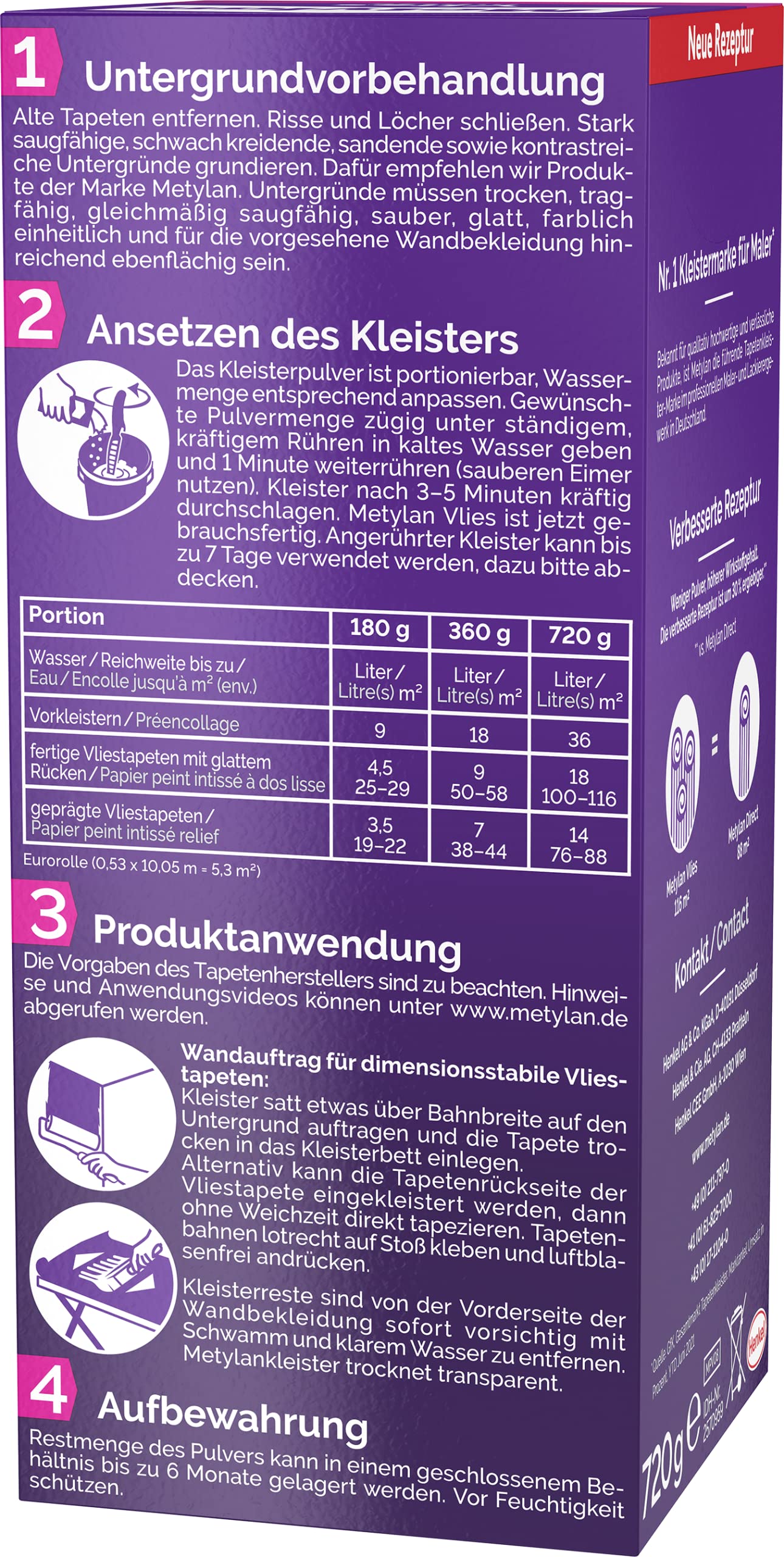 Metylan Vlies, Tapetenkleister für Vliestapeten mit glatter oder strukturierter Rückseite, einfach zu verwendender Tapetenkleister, Kleister mit hoher Ergiebigkeit, 8x720g