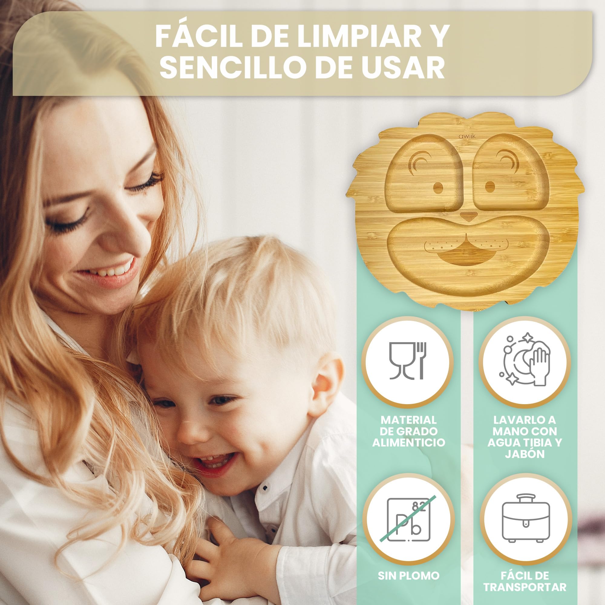 Plato de Bamboo con fuerte ventosa para bebés y niños pequeños. Plato BLW de bambú antideslizante con succión. Vajilla infantil antivuelco para aprender a comer BLW. (Lion)