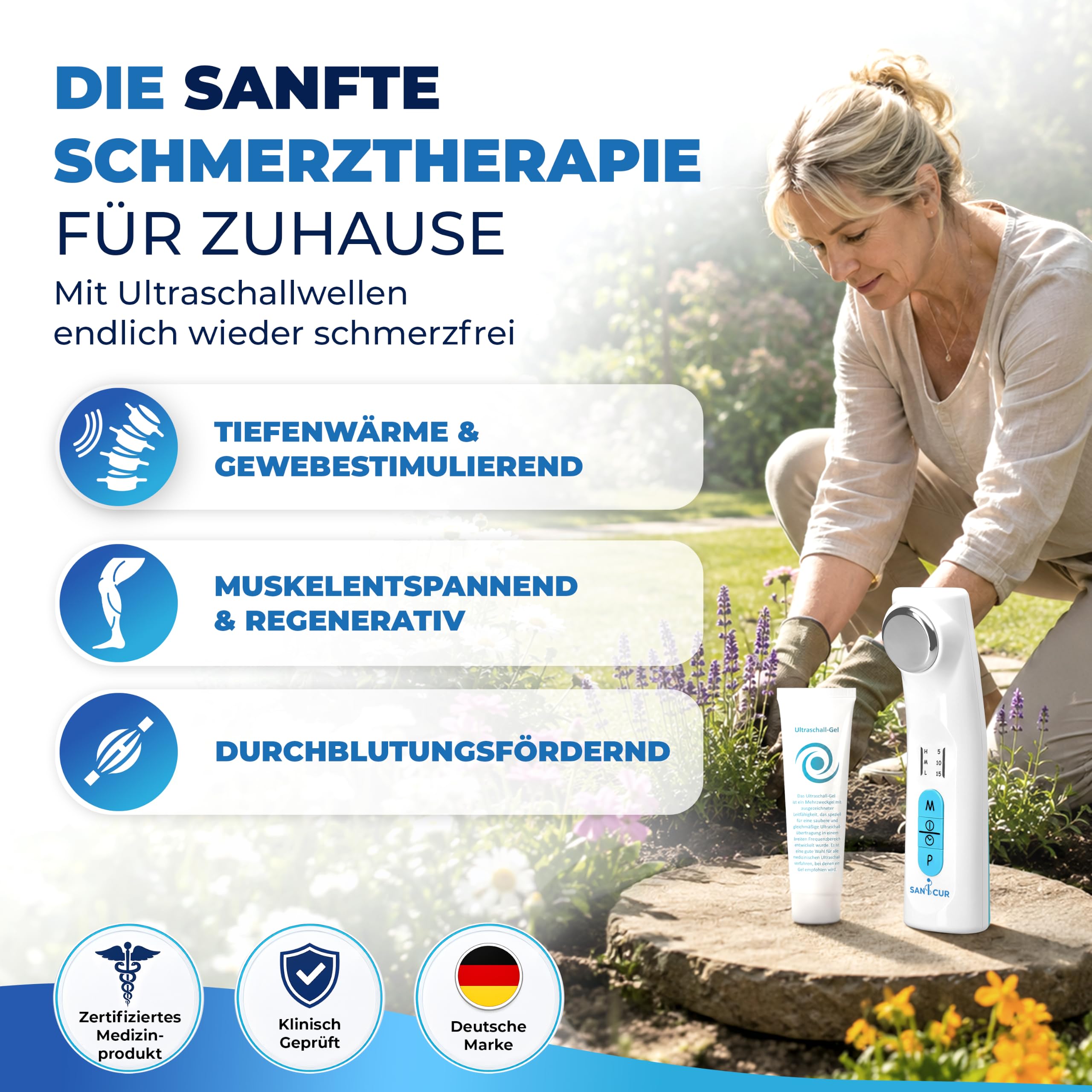 Ultraschallgerät für Zuhause - Zertifiziertes Medizinprodukt Klasse IIa - Ultraschallgerät Schmerztherapie bei Arthrose, Muskel- & Gelenkschmerzen - 1 MHz, inkl. 150ml Ultraschallgel