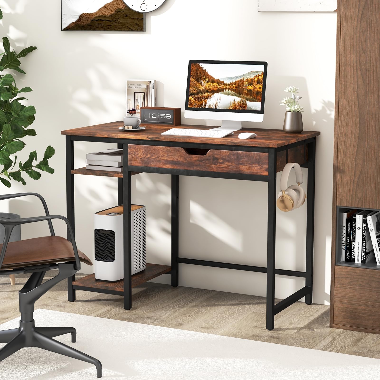LIFEZEAL Bureau-bureau, computertafel met 1 lade, 100 x 50 x 76 cm, computerwerkplek met 2 haken, industriële stijl, rustiek bruin