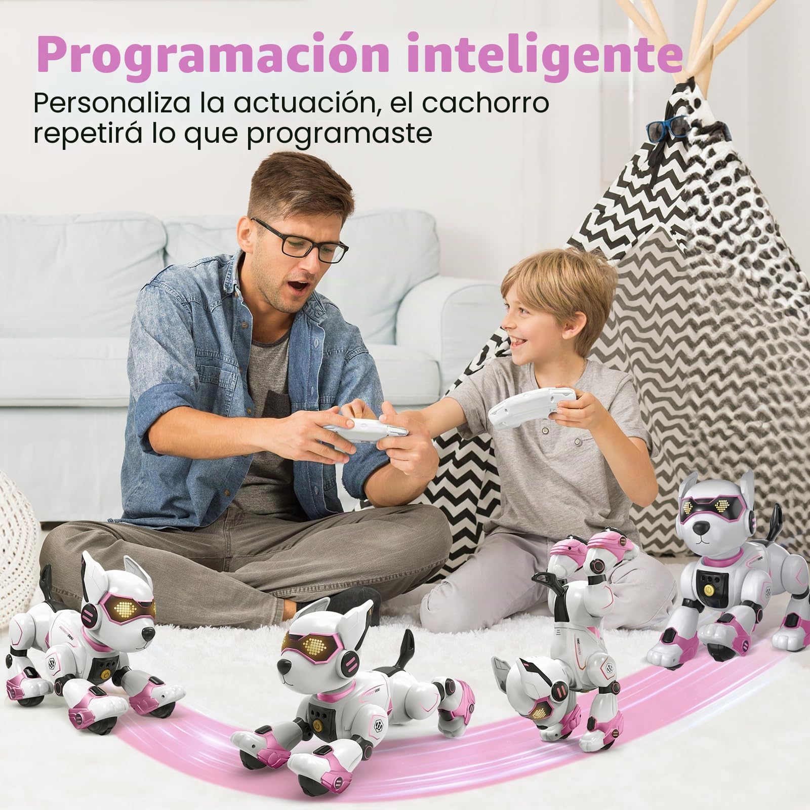 PRANITE Perro Robot para Niños, Perro Robot Programable e Interactivo, Juguete Teledirigido Recargable con Control por Voz y Gestos, Música y Baile, Regalo Ideal para Niños y Niñas
