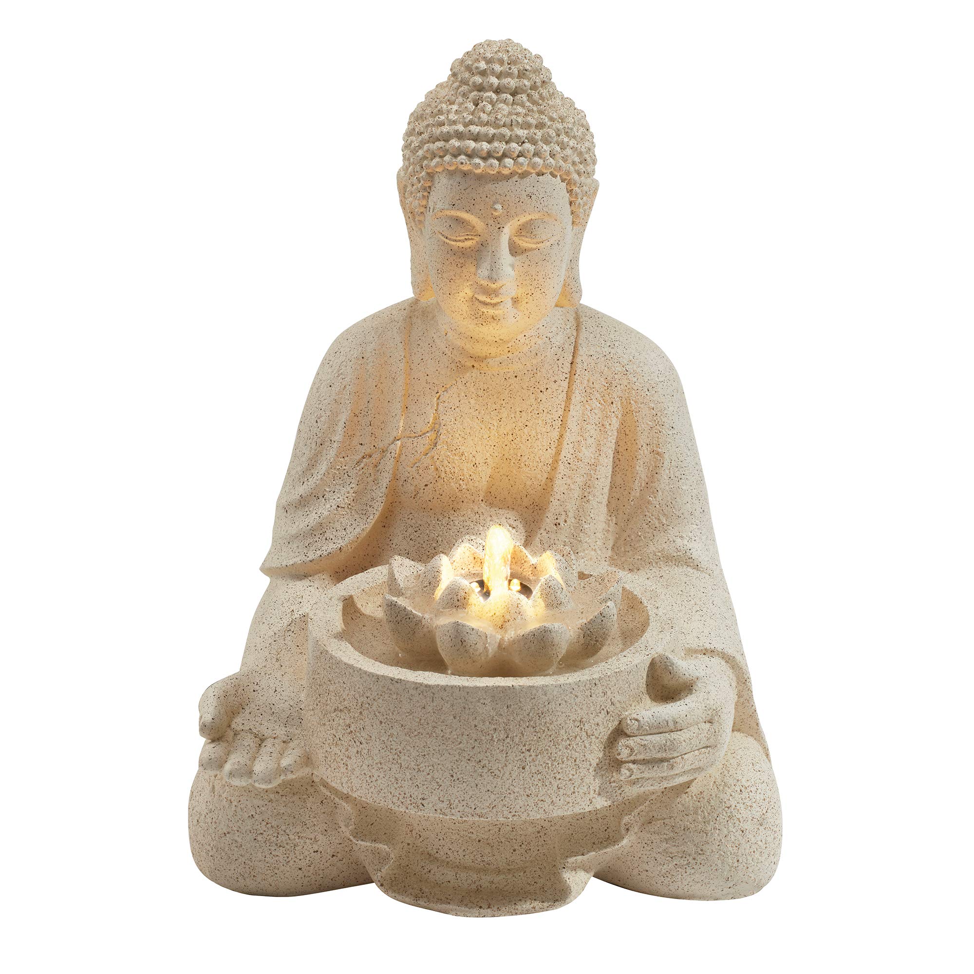 Serenity Serene Buddha Water Feature LED Lotus Fountain, Weatherproof Self-Contained Mains Powered Ornament for Garden, Patio or Decking, 40cm