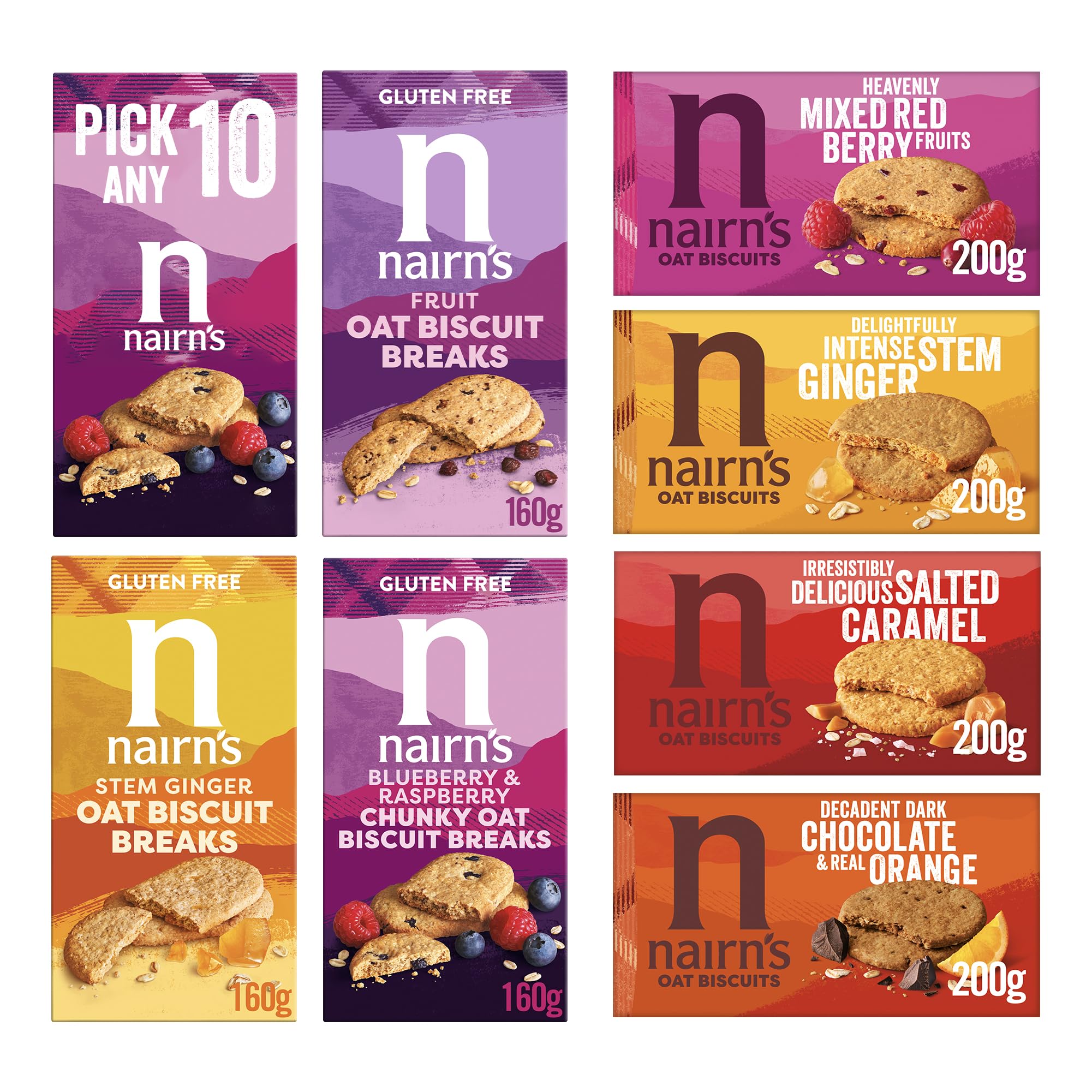 Nairn's Oat Biscuits - Pick Any 10 - Gluten-Free & Non Gluten-Free Variety Pack Biscuits - Healthy Snacks - Assorted Flavours: Chocolate Chip, Cheese, Salted Caramel & More