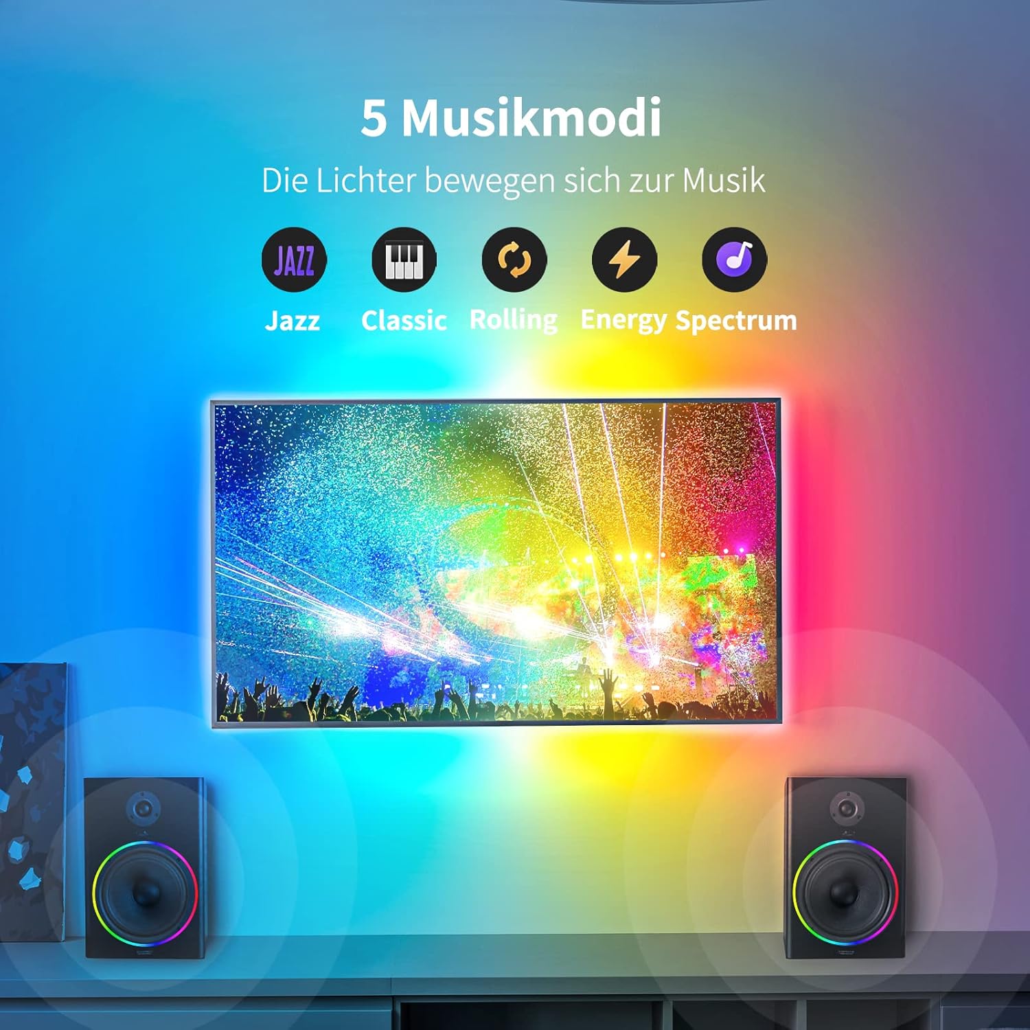 TV screen with dynamic music-synchronized lighting and icons for 5 music modes