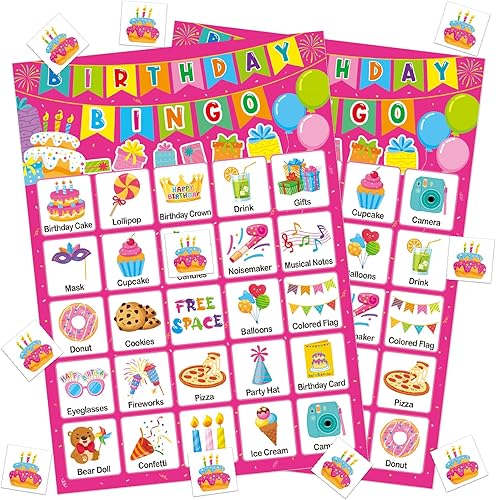 Tarjetas de juego de bingo de cumpleaños para niños, niñas y adultos, 24 jugadores, fiesta de cumpleaños, juegos de bingo para escuela, aula,