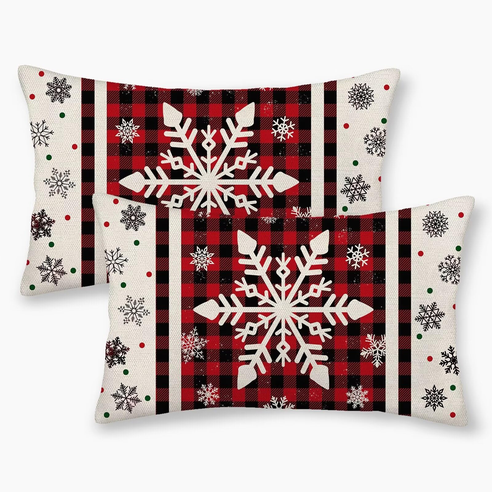 Jecuwo Christmas Throw Pillow Covers 12x20 Inch Set of 2, Merry Xmas Winter Outdoor Throw Pillow Cover Buffalo Plaid Snowflakes Christmas Decorative