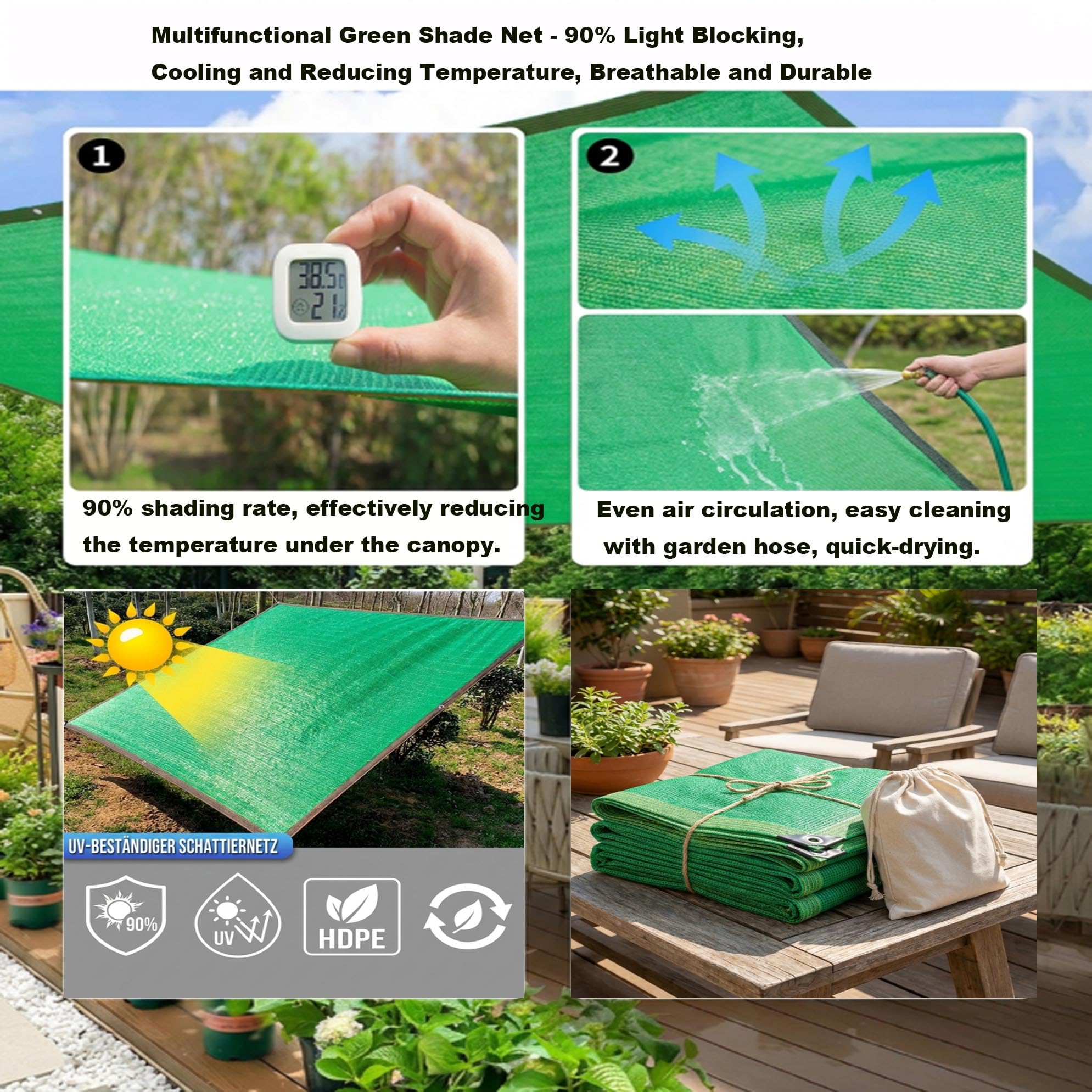 Malla Sombra Verde 90% de sombreado, Tela Transpirable para balcón, jardín y Camping Caravana