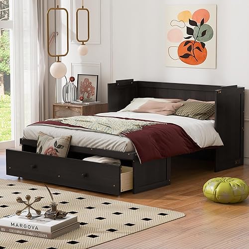 Ball & Cast Queen Size Murphy Bed Wall Chest with USB Port and a Large Drawer,Wood Hideaway Cabinet Platform Bedframe w/Bedside Storage Table,can be Folded,for Small Room,Dorms,Espresso