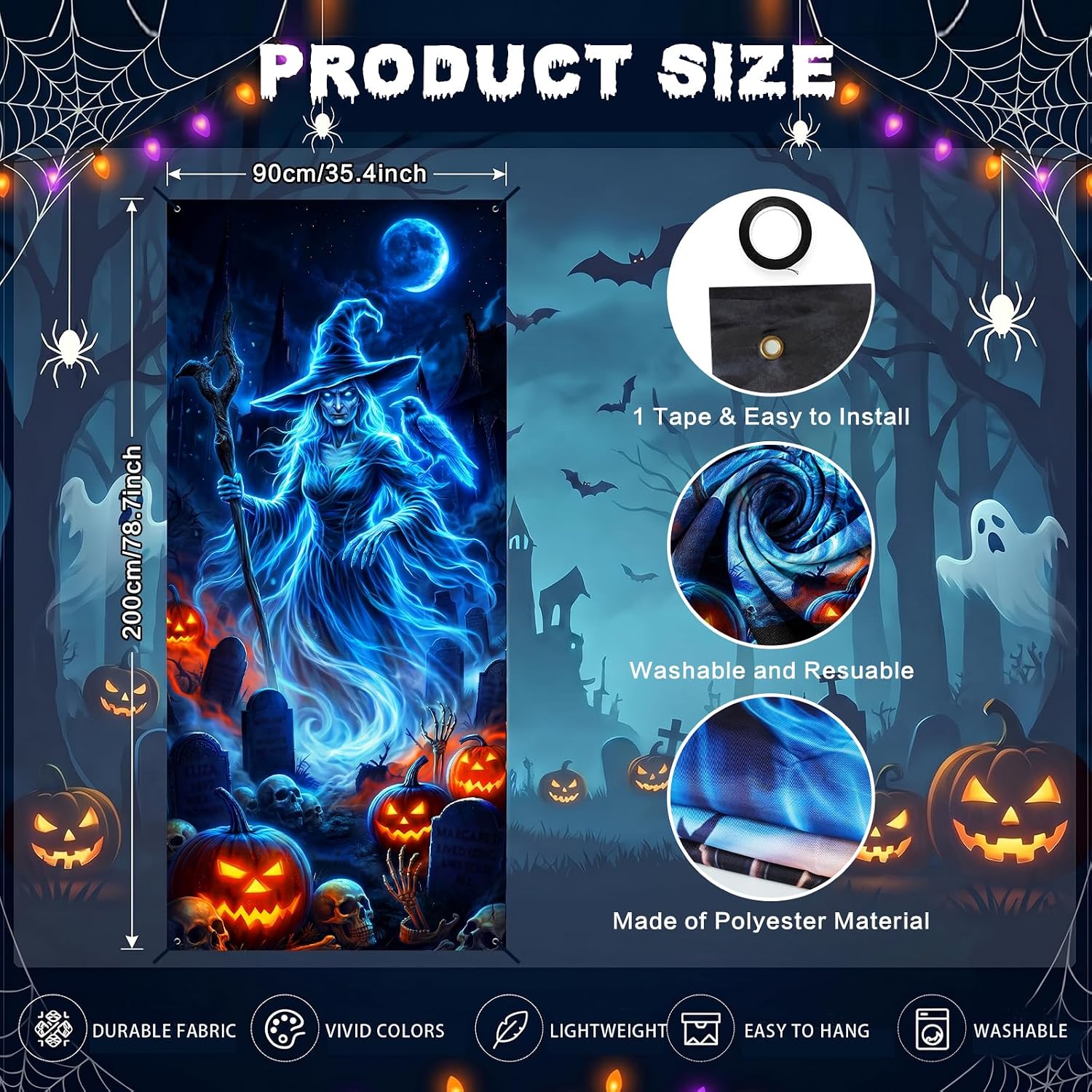 Halloween Door Cover Decorations 35x79", Spooky Glowing Witch Pumpkin Door Banner, Washable Fabric Horror Porch Sign for Indoor Outdoor Modern Home Halloween Theme Party Decor
