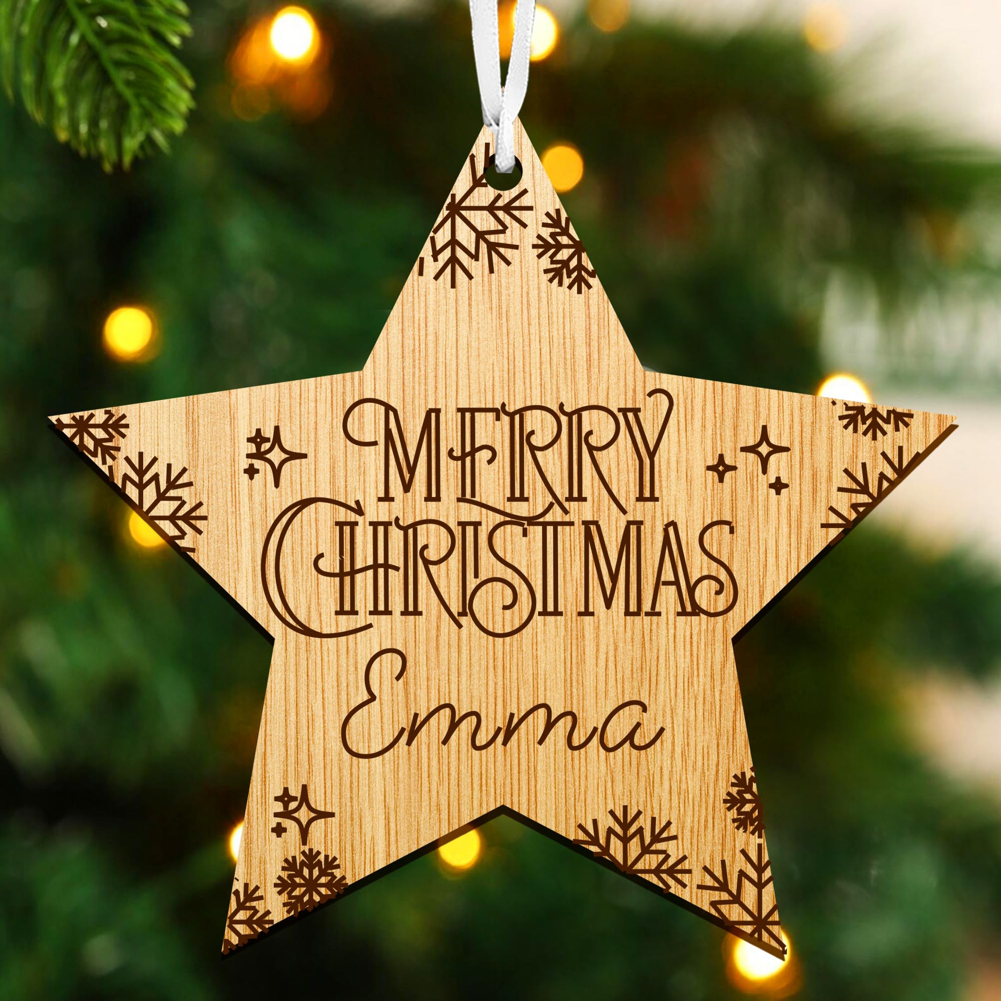 Personalised Christmas Xmas Tree Bauble - Wooden Christmas Family Tree Ornament/Decoration - Engraved Xmas Gift For Family For Couple (Star)