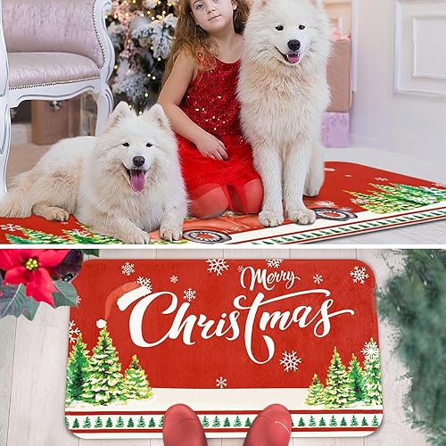 Miniatura 9 de Yinhua Juego de 2 alfombras y tapetes de cocina de Navidad, antideslizantes, color rojo, para piso, camión de Papá Noel, árboles de Navidad, tapetes