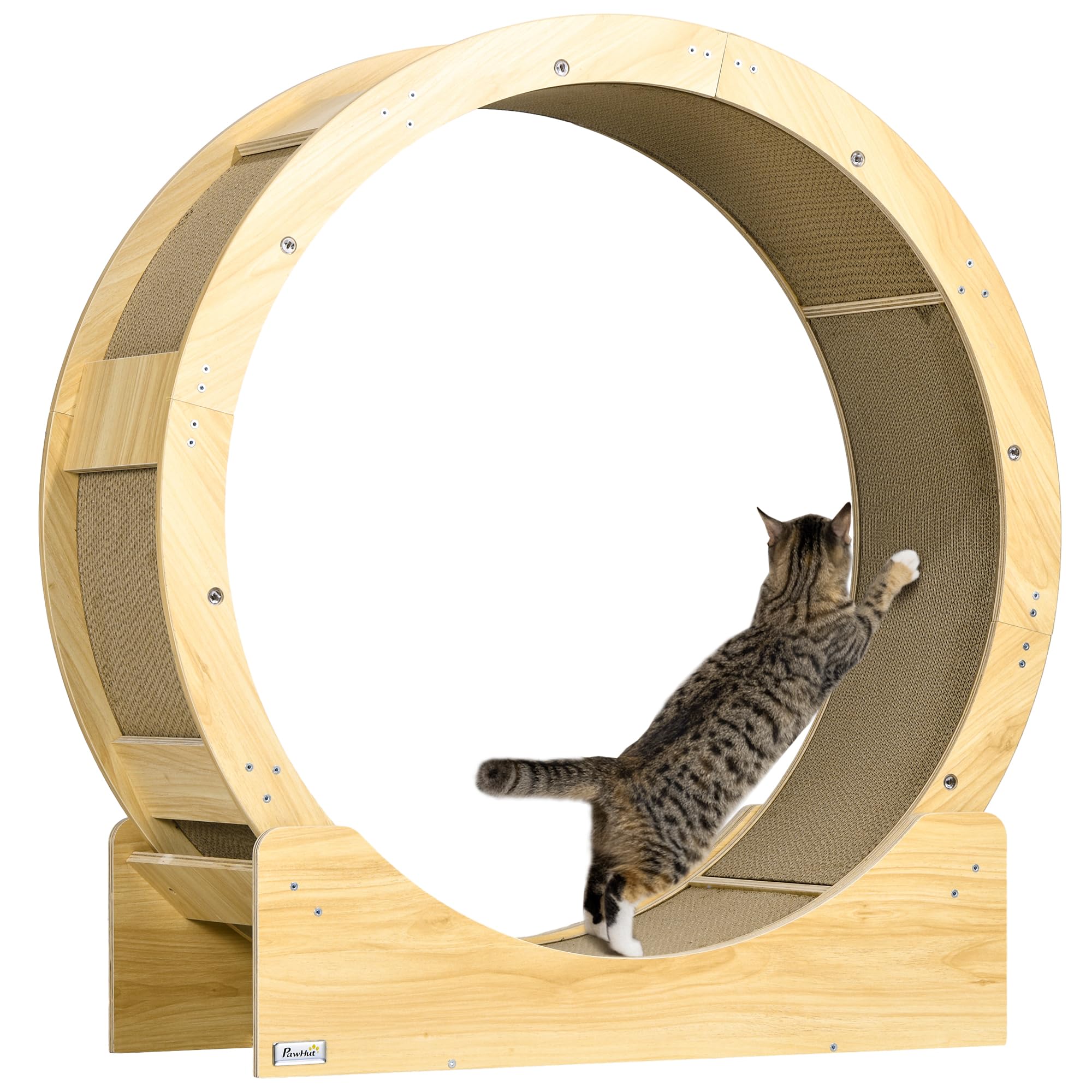 PawHut Roue d'exercice pour chat 91 cm, grande roue de course avec frein sécurisé et tapis de grattage amovible, tapis roulant ultra silencieux, pour perte poids, santé d'animaux de compagnie, naturel