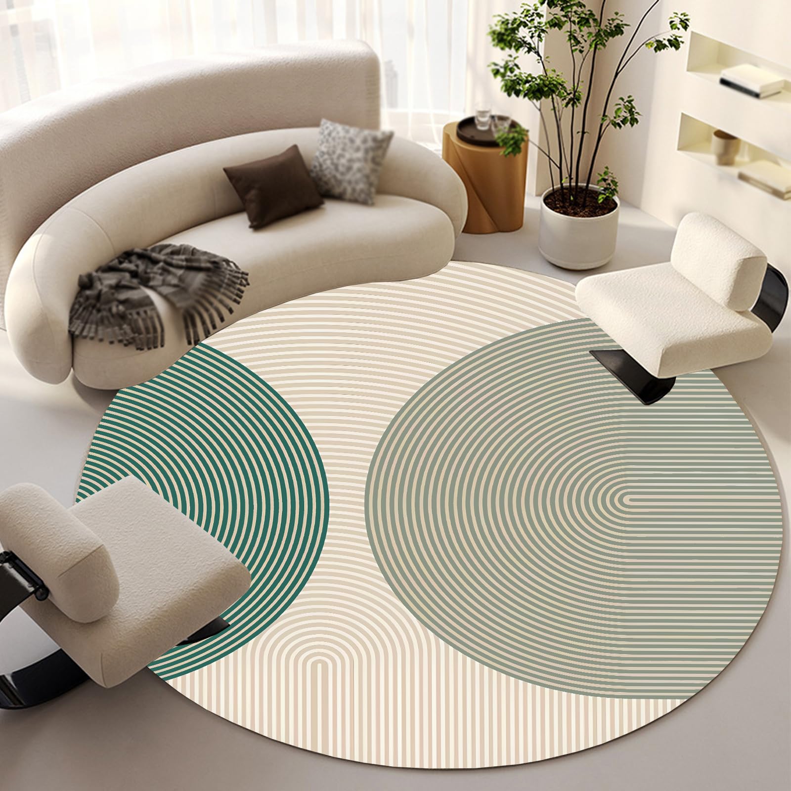 Teppich Rund, Green ø 200 cm, Waschbar Kurzflor Teppiche Modern Designer Flur Schlafzimmer Küche Wohnzimmer, Moderne geometrische Muster Dunkelgrün Salbeigrün Creme Beige