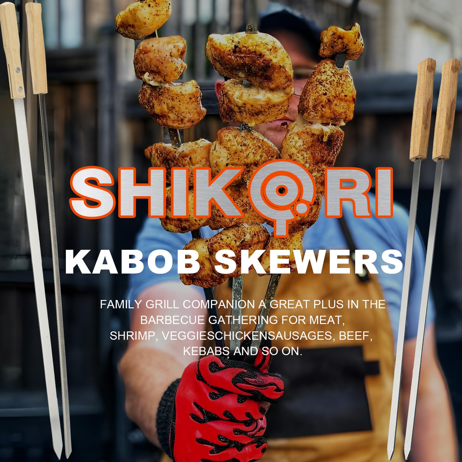 SHIKORI Pinchos de Kabob, pinchos para barbacoa, palos de acero inoxidable, 23 pulgadas, resistentes, grandes, anchos, reutilizables, con madera antideslizante, 12 piezas