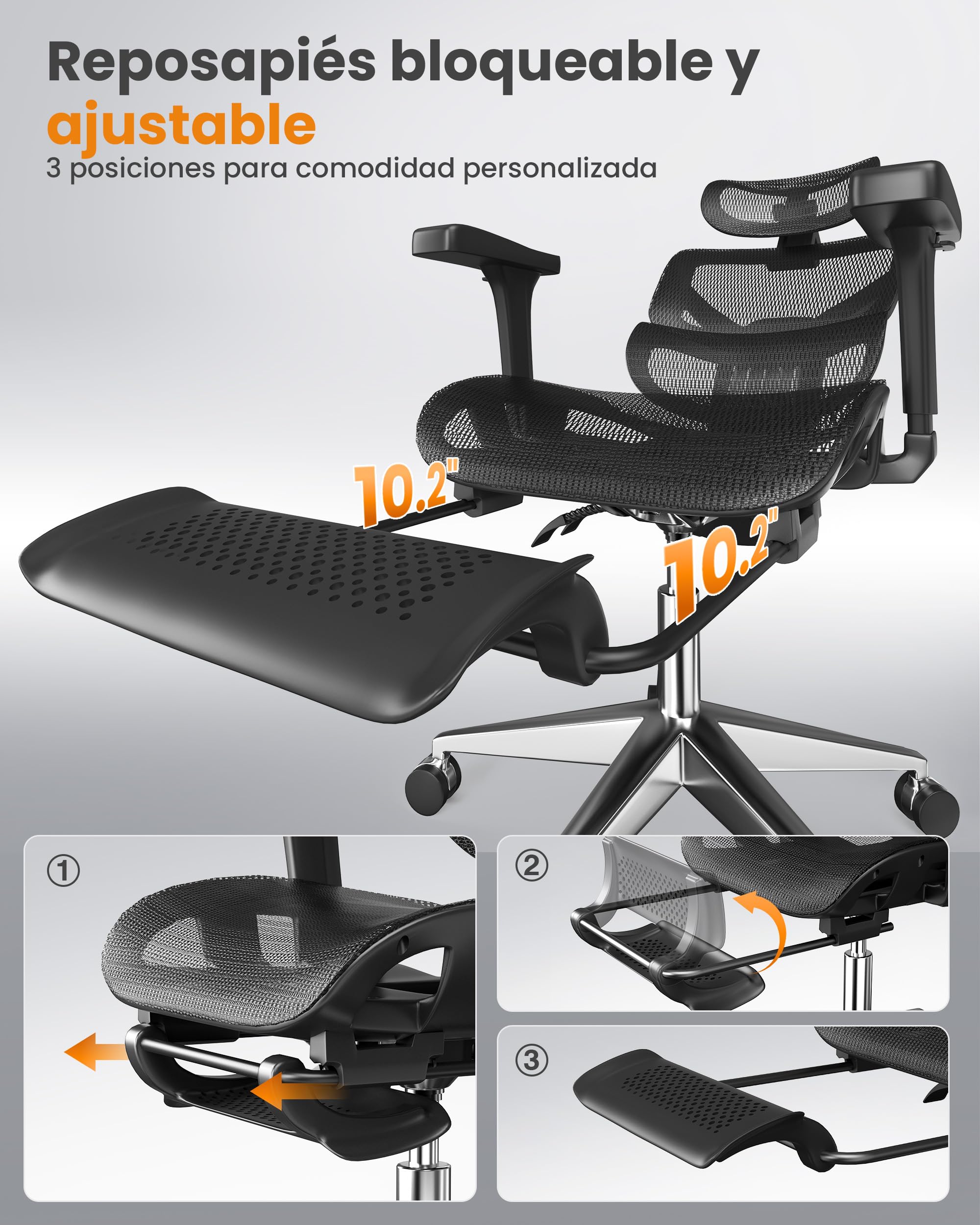 naspaluro Silla Ergonomica Escritorio con Reposapies, Load 160 kg, Negro | Malla transpirable, high back silla oficina, reposabrazos 3D, reposacabezas 3D, respaldo ajustable, inclinación 135 grados
