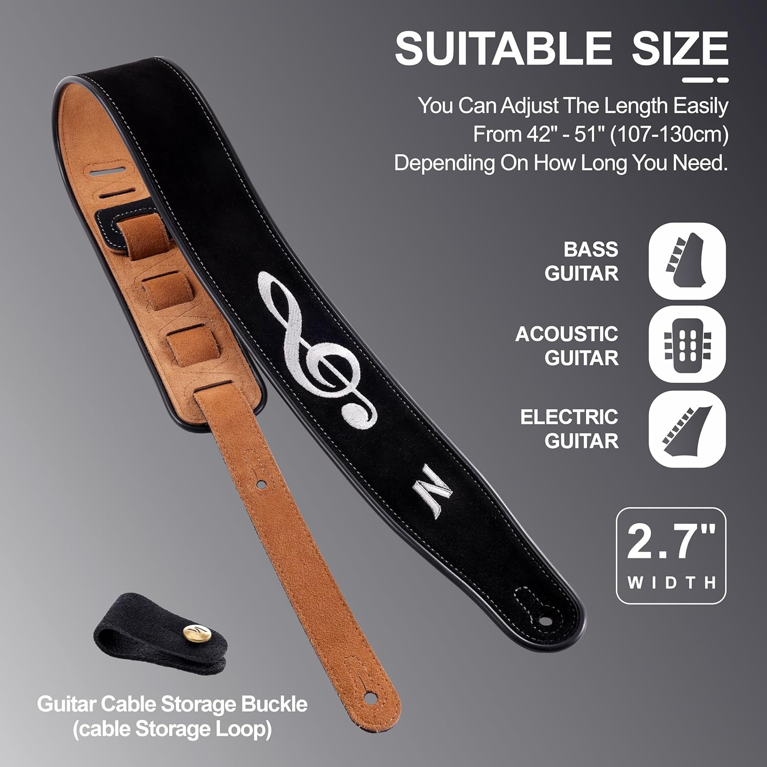 Nefelibata Guitar Strap Musical Note, 2.7" Wide Double Layer Bavarian Tumbled Cowhide Guitar Strap with Foam Padding, Acoustic, Bass and Electric Guitars