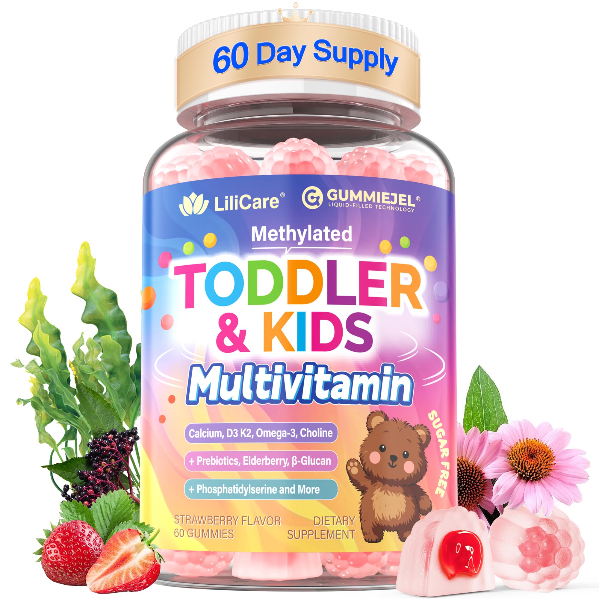 Toddler 2-3 & Kids 4+ Multivitamin Gummies w/ Iron, Omega-3, ARA, Calcium, Prebiotic, Methylated Picky Eater Vitamins for Kids 2+ Growth & Development | Vitamin C, D3 K2, B12, Methylfolate, Sugar Free