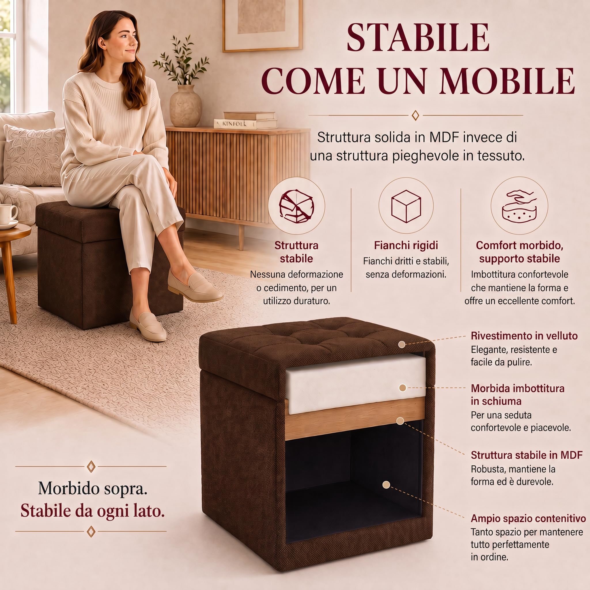 VELORA H&L Pouf Contenitore 45 x 45 cm Marrone scuro – Pouf Imbottito in Tessuto con Vano Portaoggetti, Portata fino a 150 kg, per Soggiorno, Camera da Letto e Ingresso