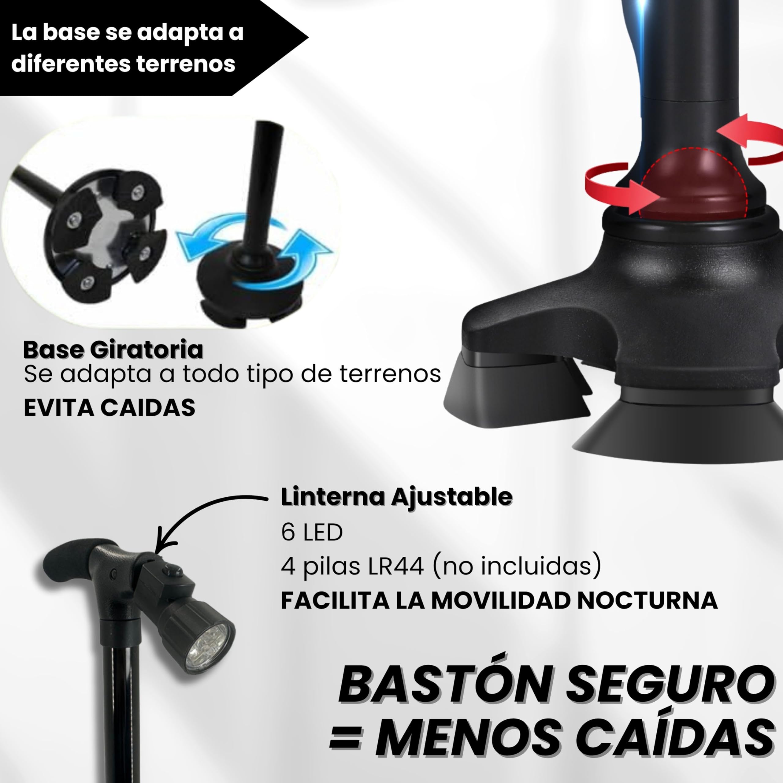 Bastón Plegable para Mayores con Luz LED | Extensible y Ajustable en Altura | Aluminio Ultraligero y Mango Acolchado | Base Antideslizante 4 Puntos | Seguridad Día y Noche | Evita Caídas