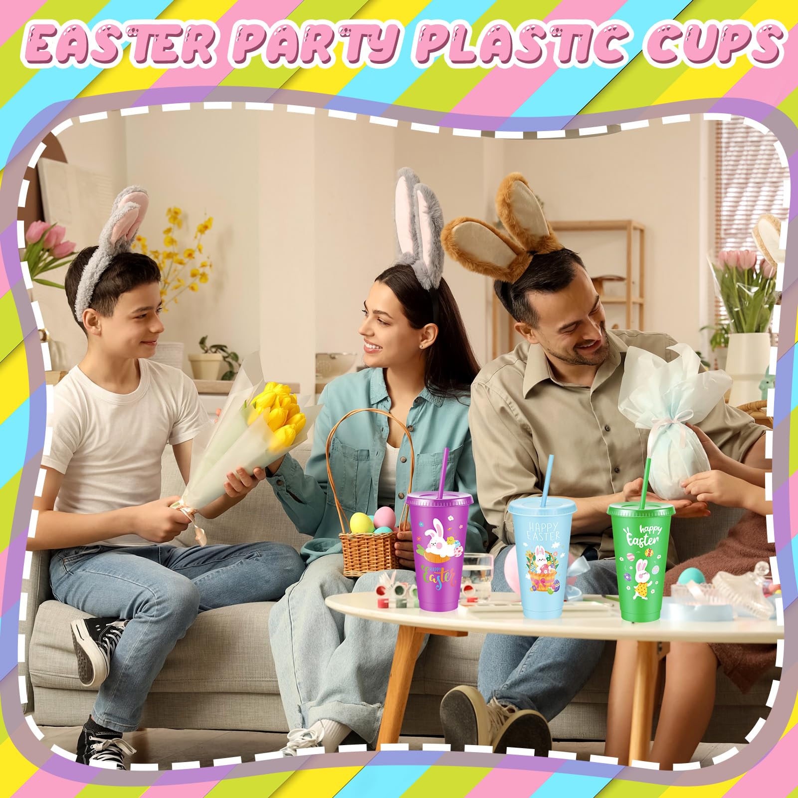 Uiifan Lot de 24 gobelets réutilisables en plastique avec couvercle et paille pour fête de Pâques – Gobelets réutilisables pour décoration de fête de Pâques (classique)