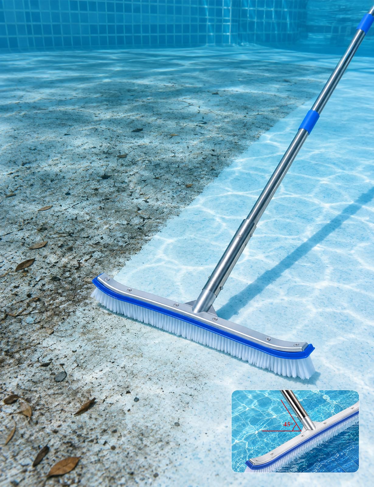 Brosse de piscine avec manche de 218,4 cm de long, brosse de nettoyage incurvée de 43,2 cm de large avec manche en acier inoxydable à 5 sections, gant de nettoyage et chiffon, accessoires de nettoyage