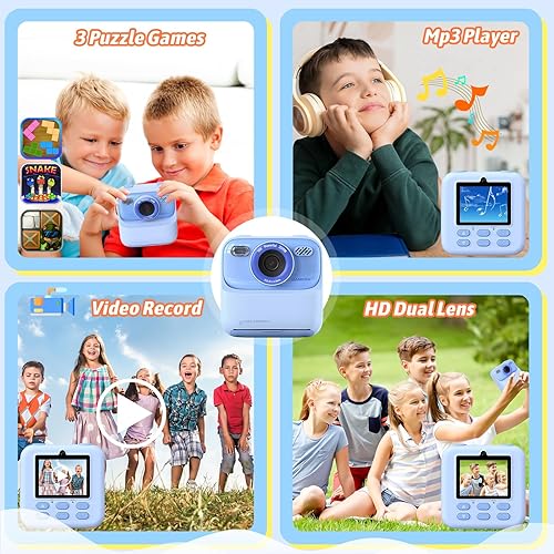 Miniatura 3 de Cámaras digitales instantáneas para niños y niñas, cámara digital selfie HD de doble lente 1080P con papel de impresión y tarjeta de 32G, regalos