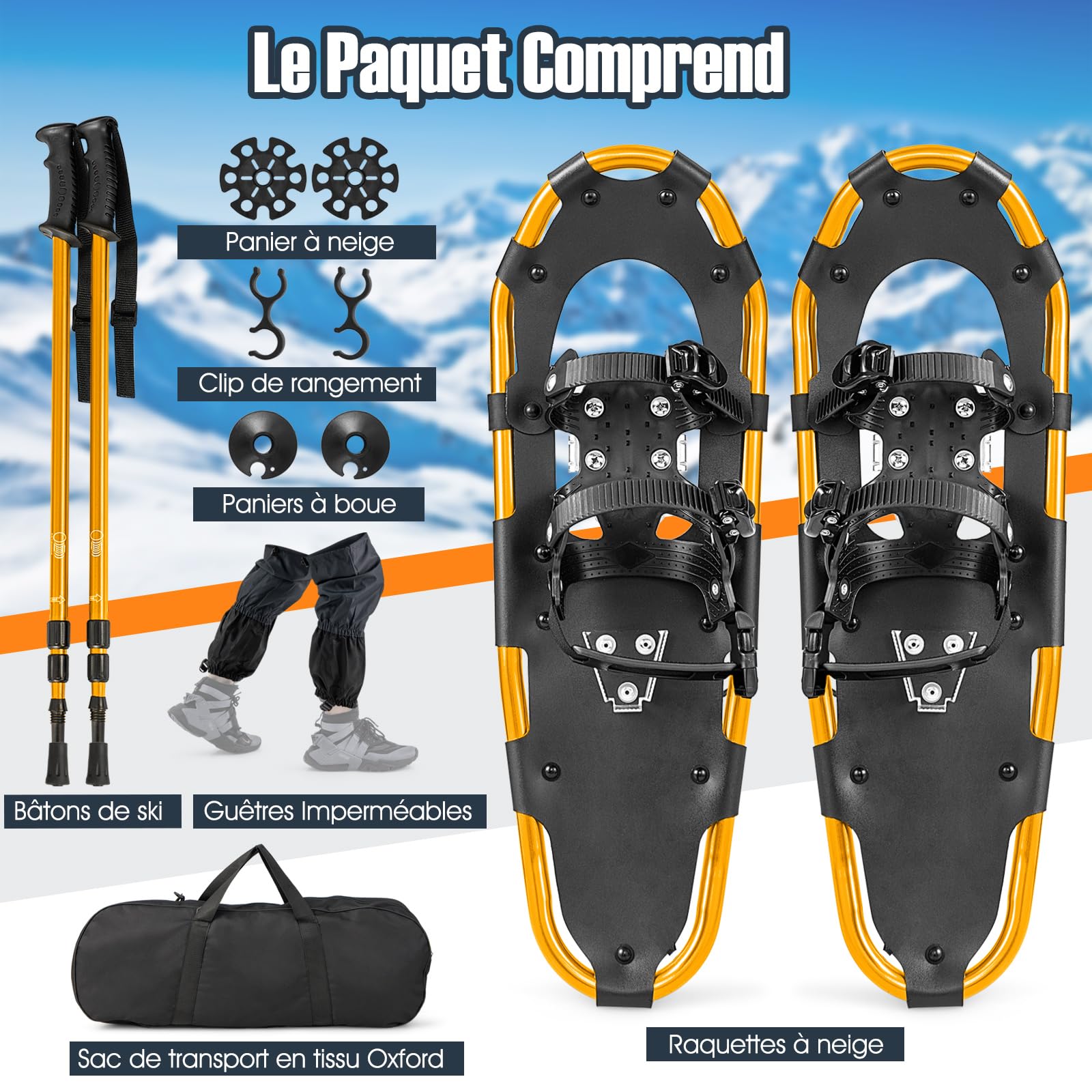 GYMAX Ensemble de Raquettes à Neige Légères en Alunimium, avec Bâtons de Randonnée Réglable en Longueur, Convient pour Taille de Chaussures 35-45EUR, Charge 30-130KG, pour Hommes, Femmes, Enfants