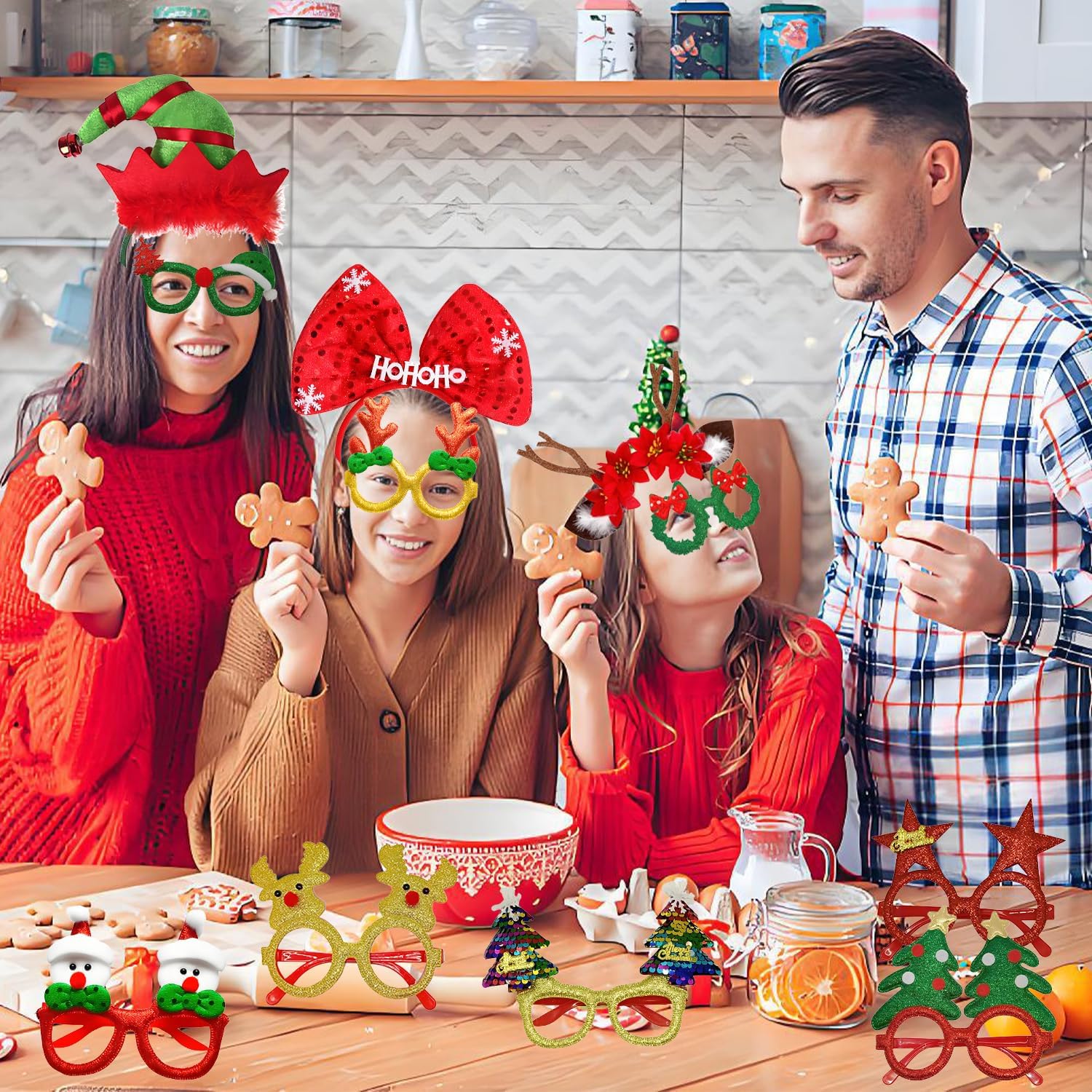 20 Pcs Christmas Headbands and Glasses Set, 12 Xmas Glasses & 8 Christmas Headbands for Photo Booth Props, Festive Party Supplies with Reindeer Xmas Tree Elf Santa Hats for Adults, Family Decor