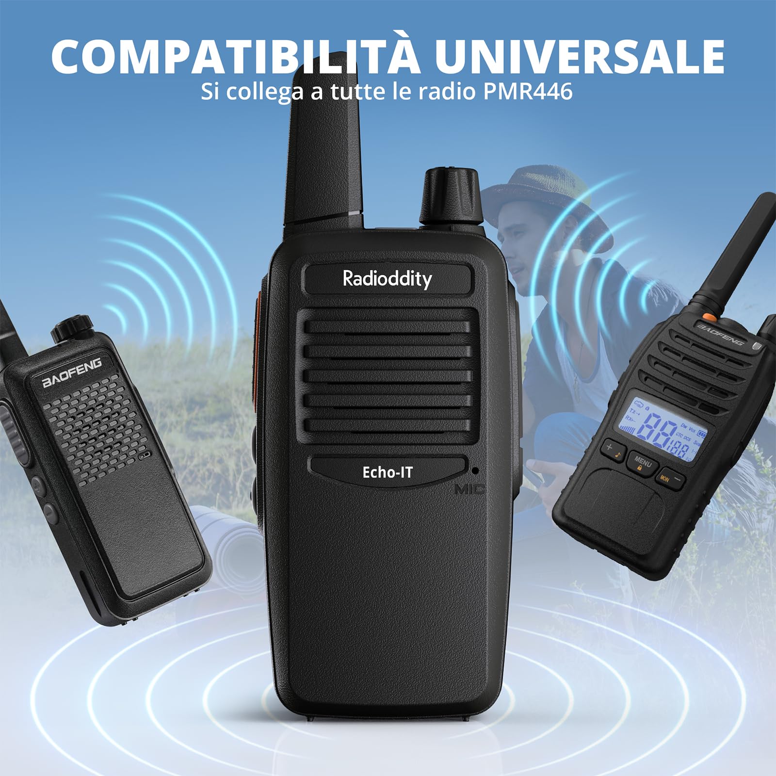 Radioddity Echo-IT Walkie Talkie PMR446 Senza Licenza, Voce in Italiano,Compatti Radio Portatile con Batteria 1200 mAh ricaricabili, USB‑C, VOX, CTCSS/DCS, Squelch Regolabile, 2 pezzi