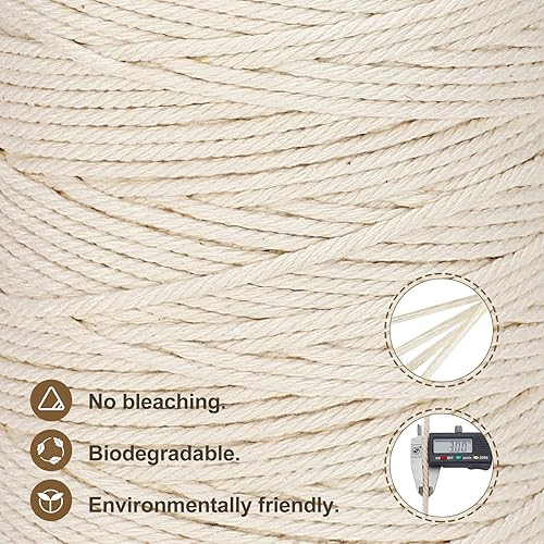 Miniatura 3 de Cordón de macramé de 0.118in x 328 yardas, cuerda de macramé de algodón 100 % natural, cordón de algodón trenzado de 4 hebras para manualidades,