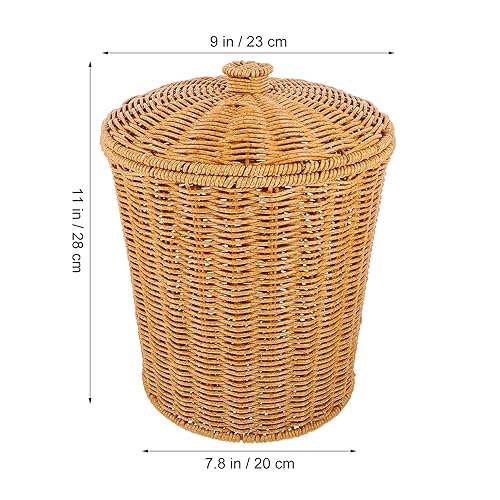 Miniatura 6 de PRETYZOOM Cesta de basura de mimbre portátil con tapa, papelera de mimbre redonda, de plástico, cesta de almacenamiento tejida, contenedor de ropa