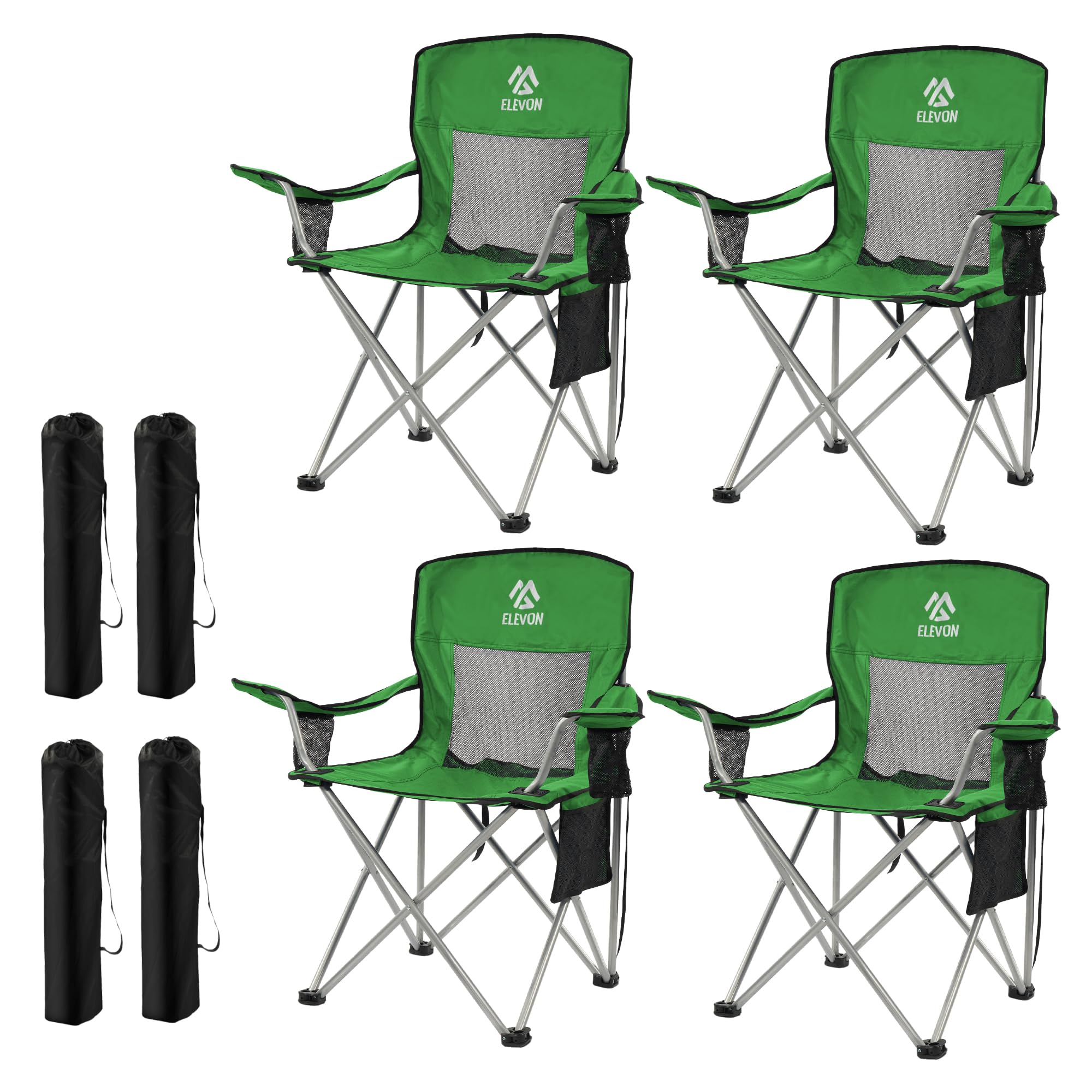 Elevon 4 Pack Camping Chair, Portable Folding Chair with Arms and Side Pocket, Collapsible Outdoor Chairs with Cup Holder and Carry Bag,Green