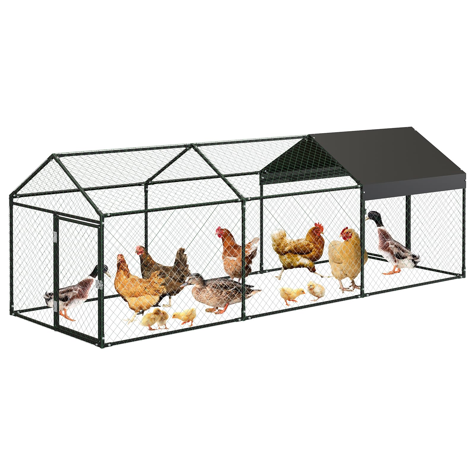 120"x40"x40" Large Chicken Coop, 3 Compartments Chicken Run with 2 Doors & Waterproof Cover, Walk in Poultry Cage for Hen, Rabbit, Duck, Goose, Black