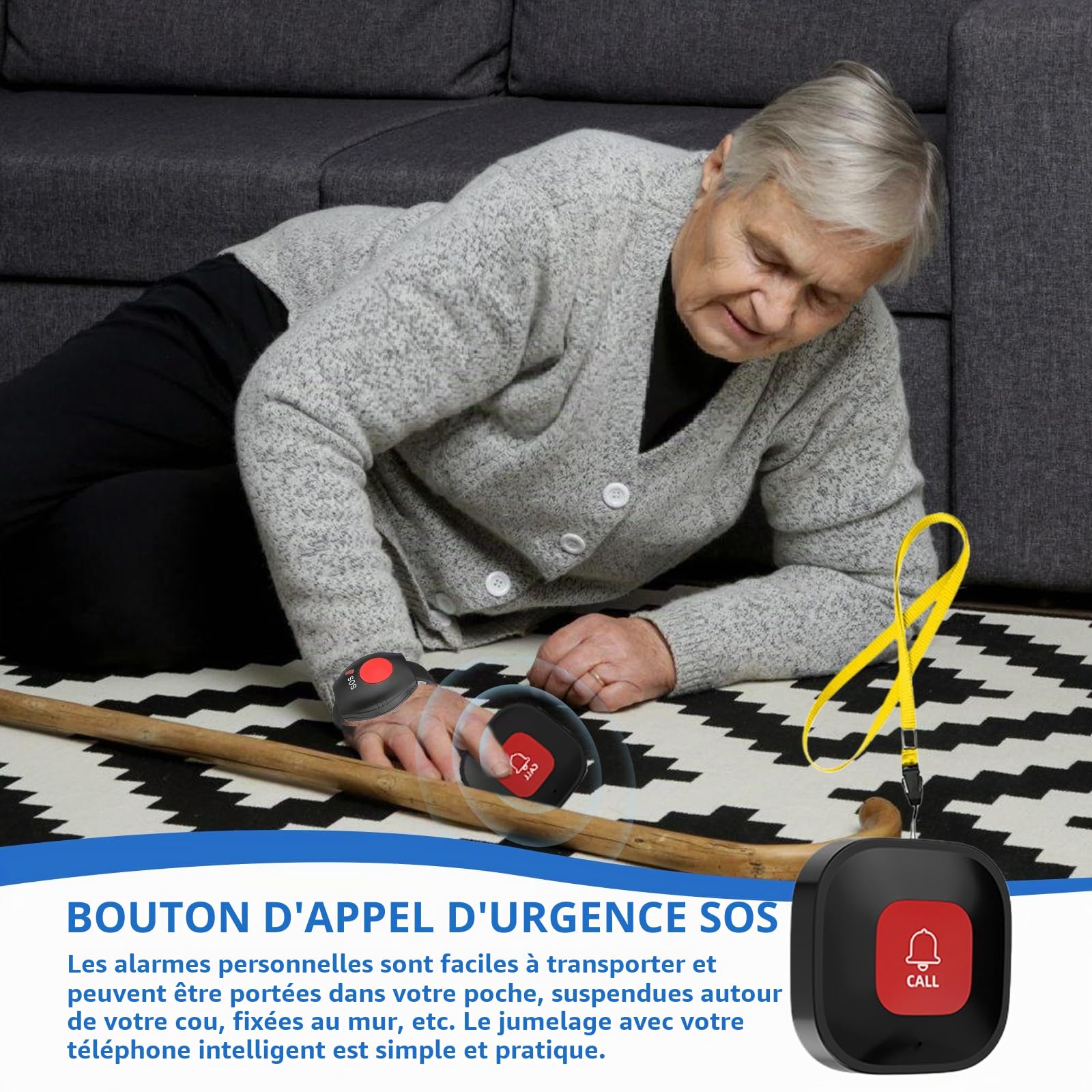 Bouton d'appel d'urgence pour personnes âgées, WiFi Tuya Smart Seniors Bouton d'urgence Système d'alerte, Bracelet SOS pour patients et handicapés (1 récepteur + bracelet d'appel d'urgence + 2