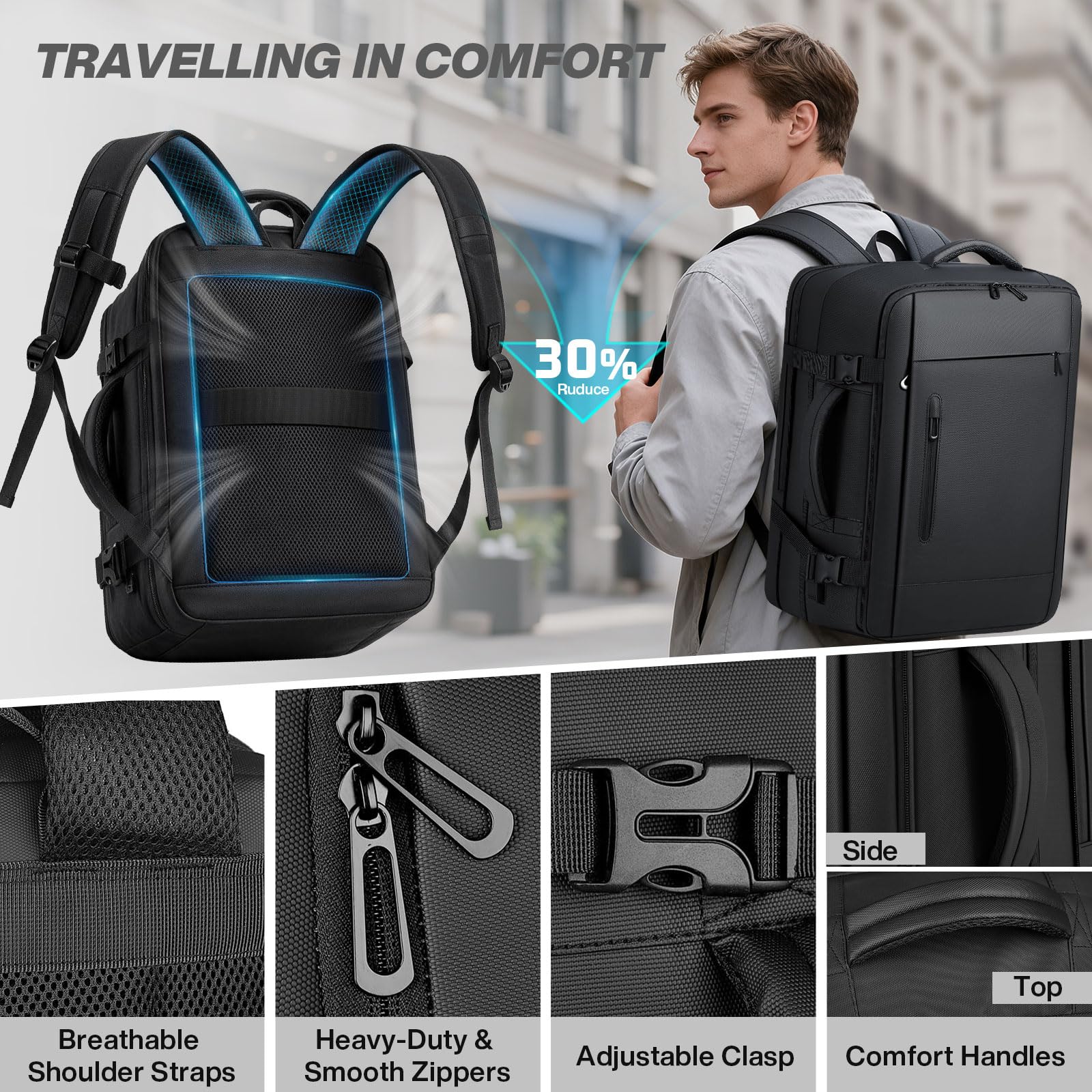 Mochila de viaje para portátil, mochila cabina expandible 41L, hombre y mujer