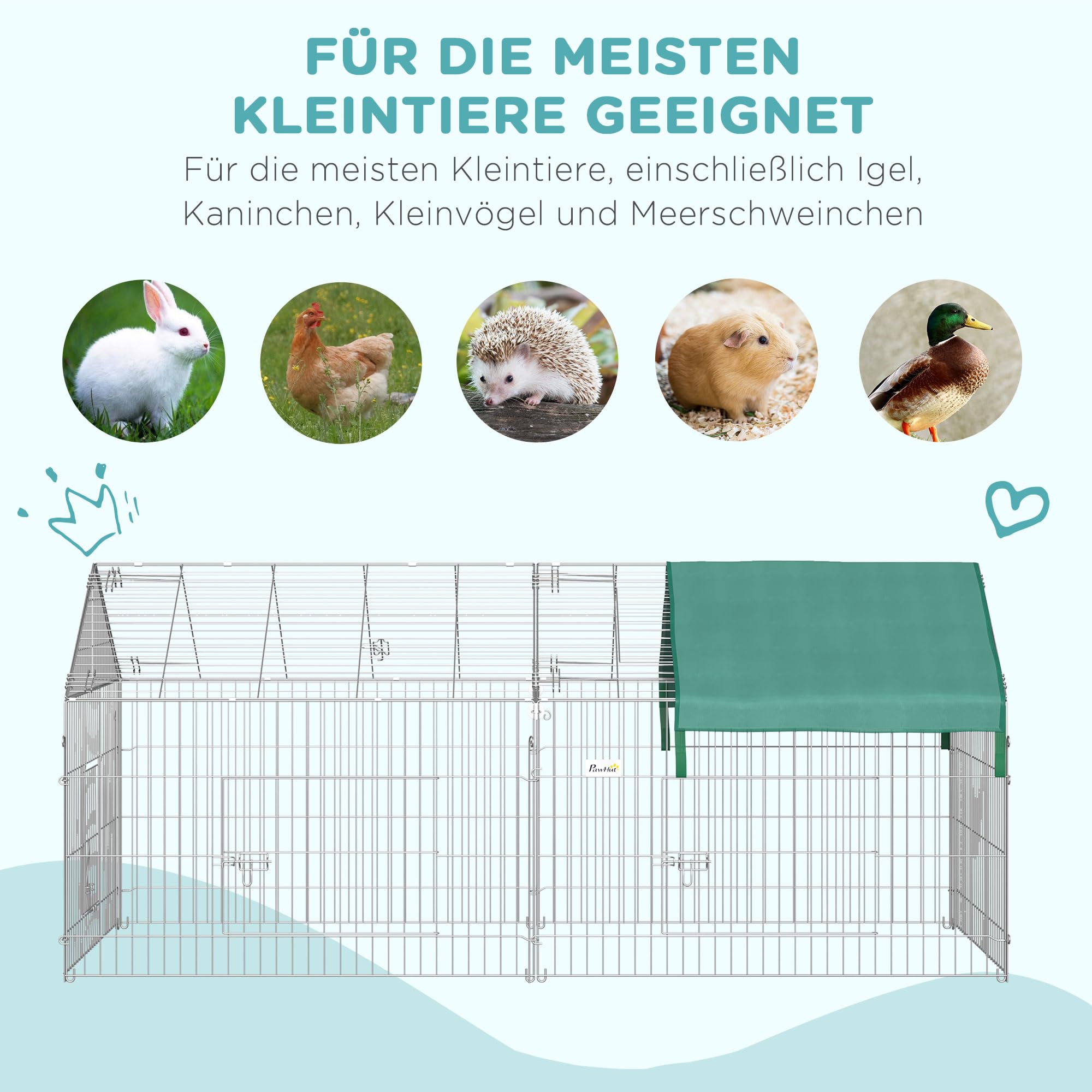 PawHut Freigehege, Kleintiergehege, Meerschweinchen Gehege, Laufgitter mit Abdeckung, Außengehege, Kleintiergehege für Kleintiere, Stahl, 220 x 103 x 103 cm, Grün
