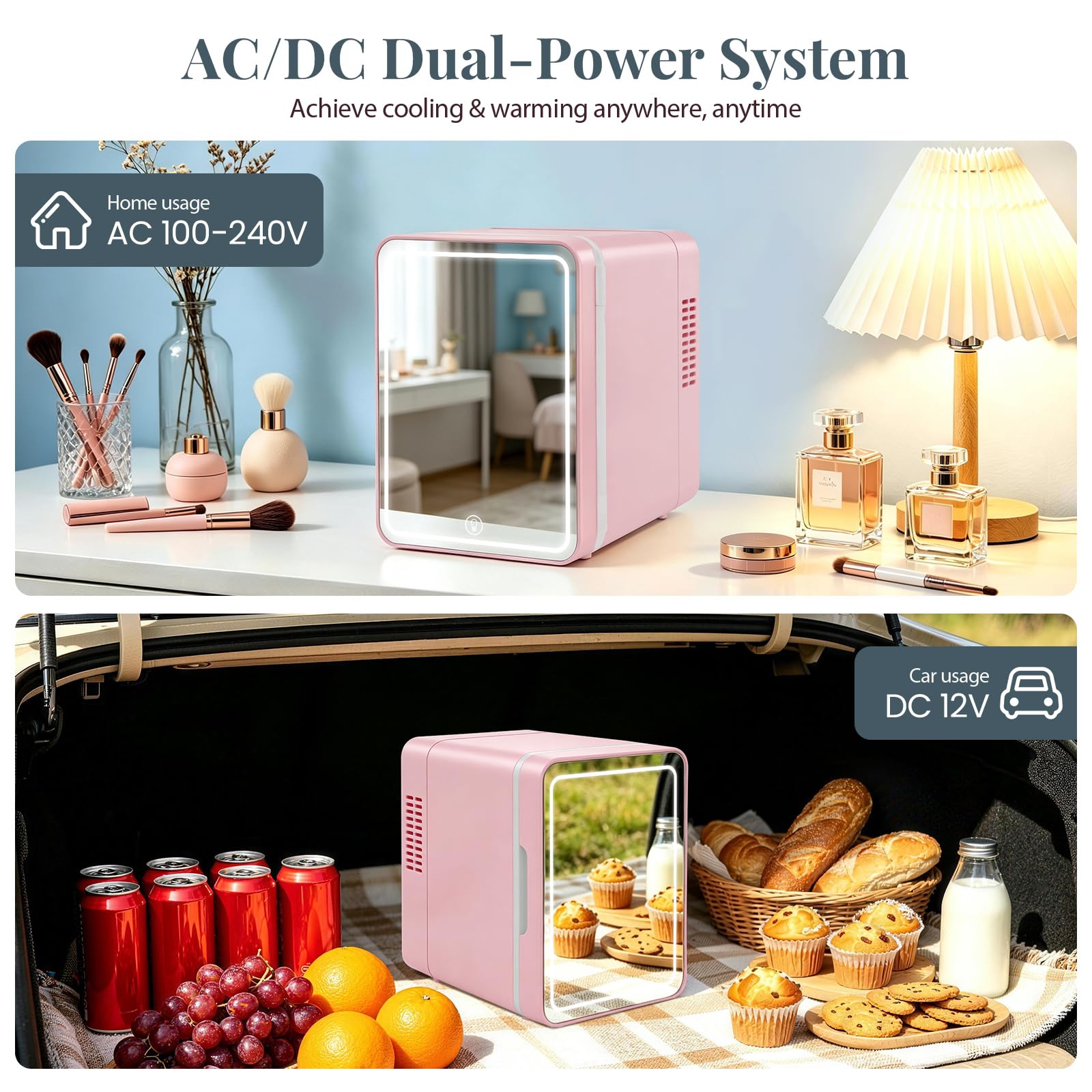Mini frigorifero da 5 l/6 lattine, LED con funzione di regolazione a 3 livelli, 220 V CA/12 V DC, funzione di raffreddamento e riscaldamento, silenzioso, piccolo frigorifero per stanza