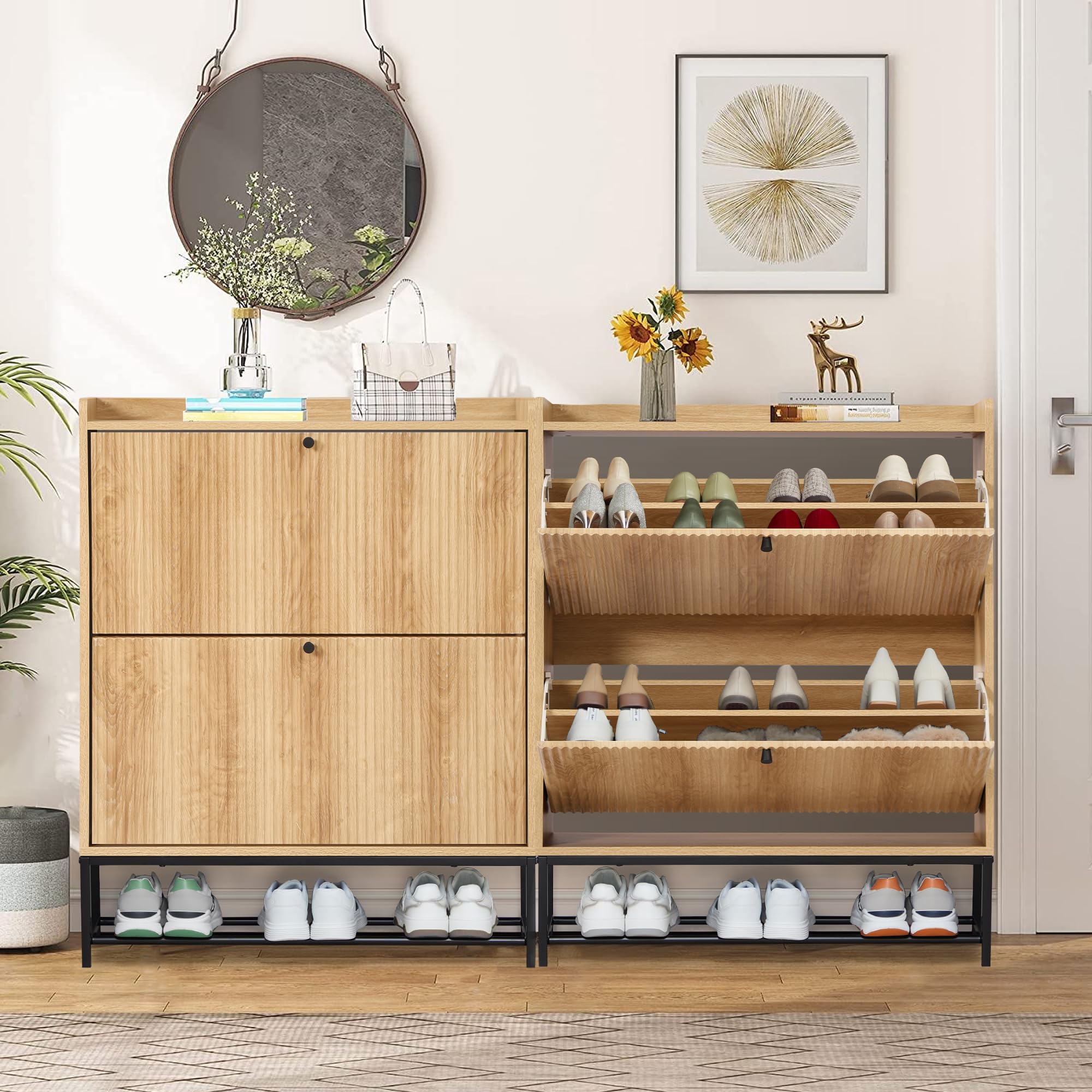 Pattern Shoe Cabinet - Organizador de almacenamiento de doble capa, doble puerta, diseño moderno y duradero con estantes ajustables