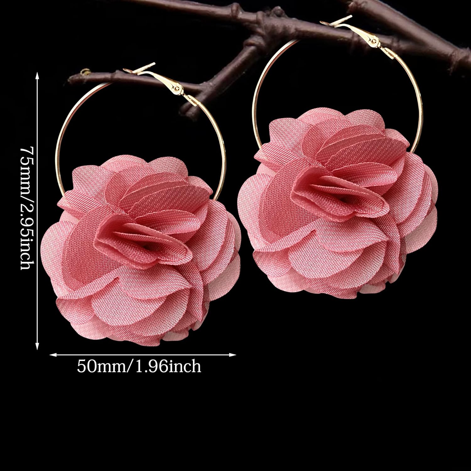 Lightweight Bohemian Big Fabric Flowers Dangle Drop Earrings Handmade Aesthetic Petal Hoop Earrings with Chiffon Floral Tassel for Women Vacation Wedding - Image 5