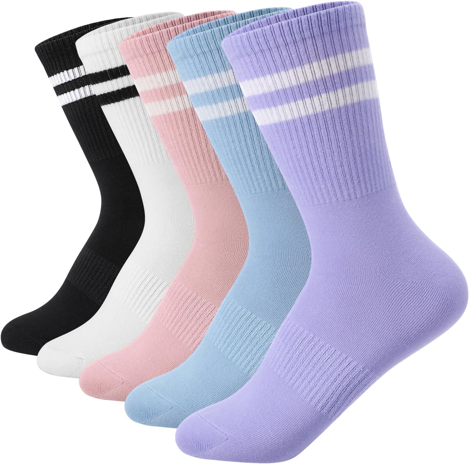Women's Cotton Socks, Soft Anti-Bacterial, Breathable, Moisture-Wicking Striped Mid-Calf Socks for Sports, Workouts & Daily Wear