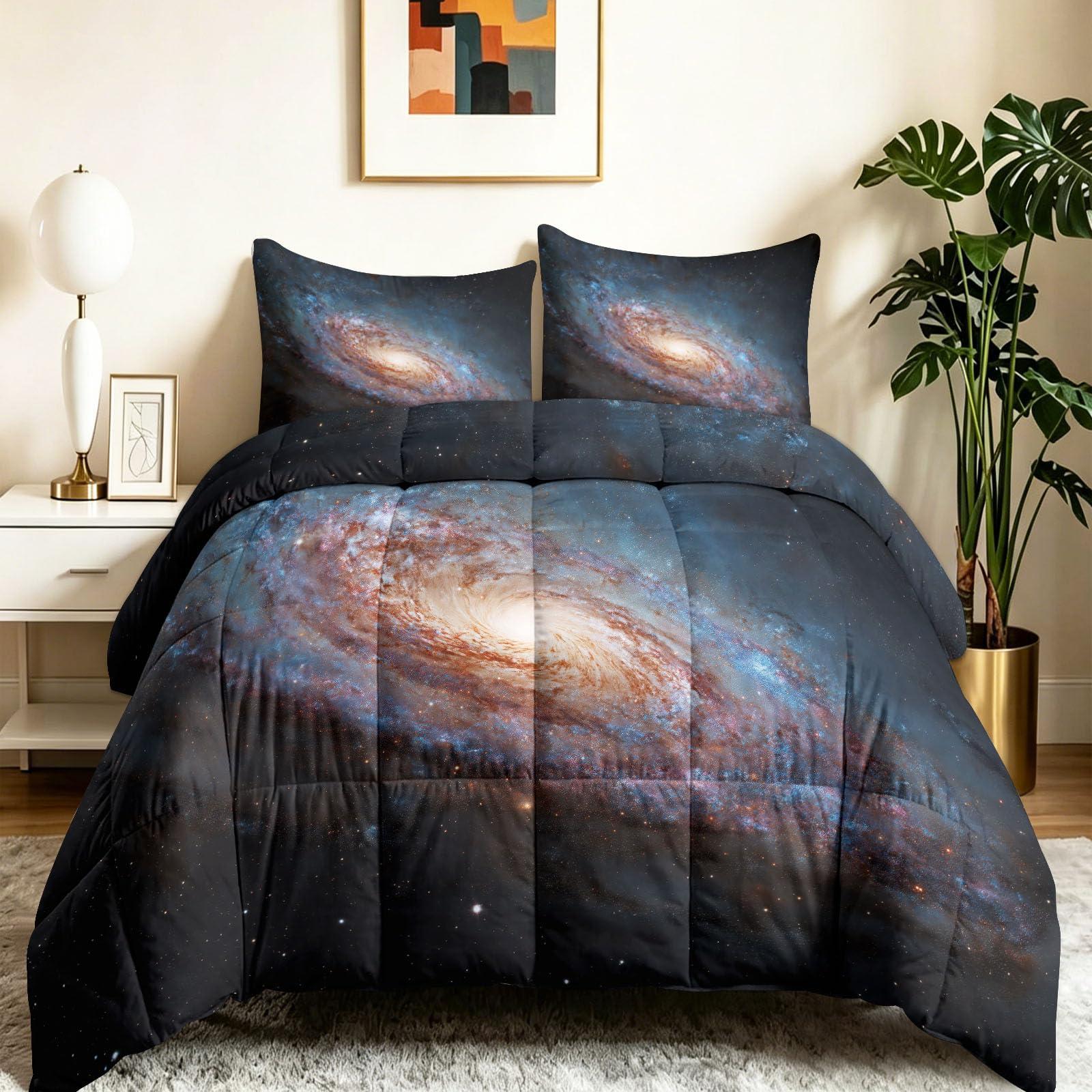 Fantasy Kołdra bez poszewki, 155 x 220 cm, na 4 pory roku, miękka, abstrakcyjna, kosmos, gwiaździste niebo, galaktyka, mgła, całoroczna, pikowana, przyjazna dla skóry, z 2 poszewkami na poduszki