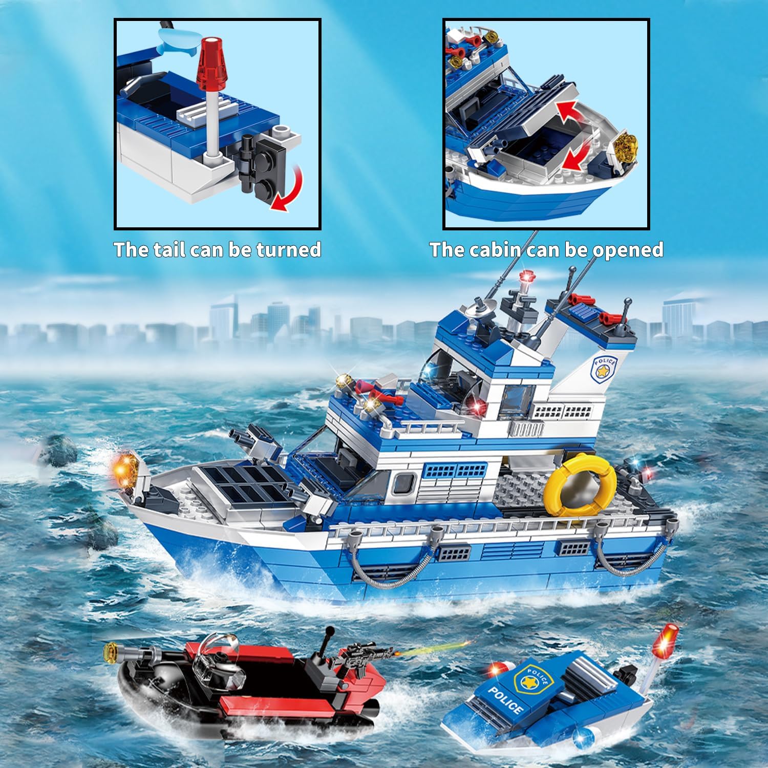 City Boat STEM Building Blocks Sets, Police Boat and Ship Playsets, Rescue Boats Toy Building Kit for Boys 6 7 8 9 10 11 12（480 Pcs）