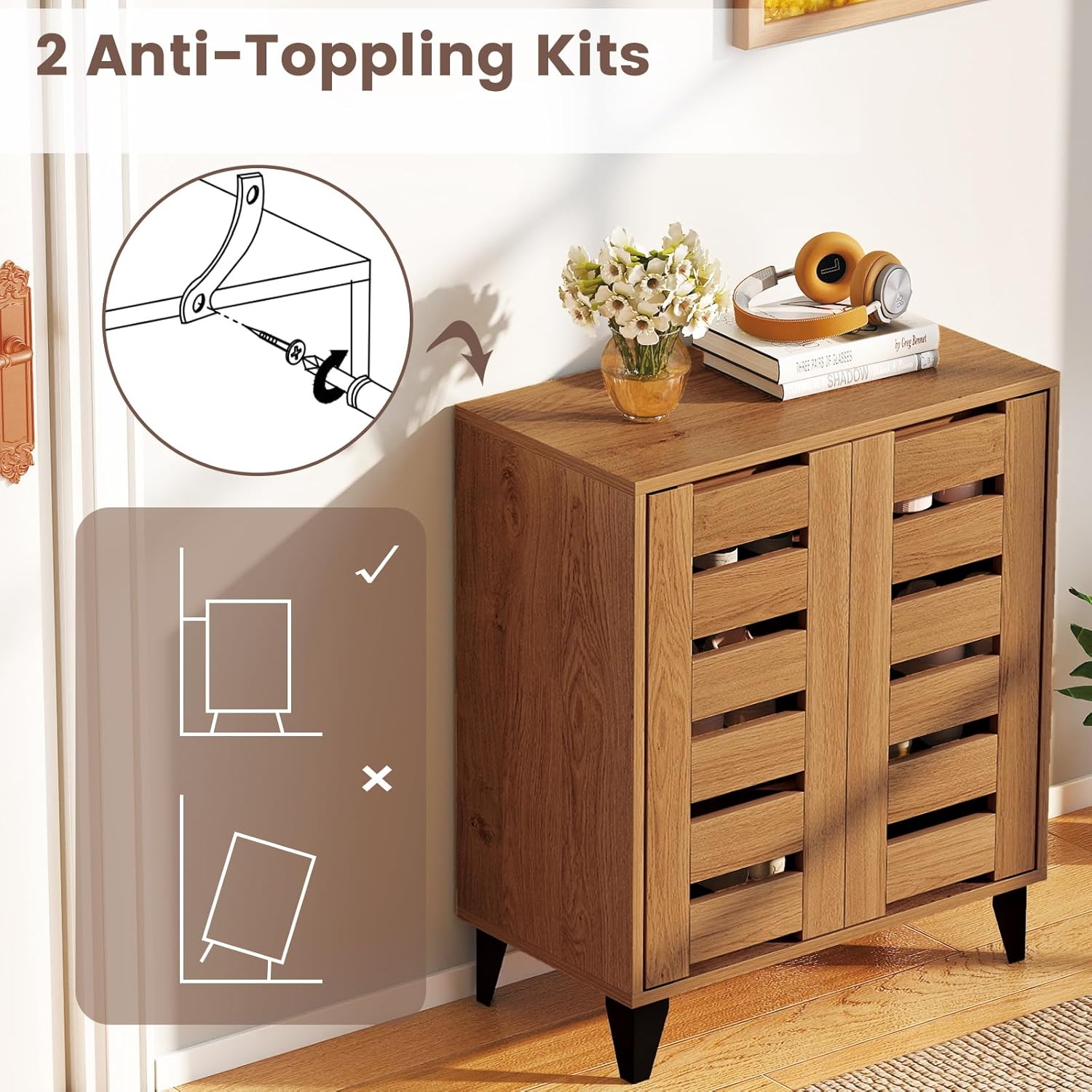 Giantex Shoe Cabinet with Louvered Doors, 4-Tier Farmhouse Shoe Rack Cabinet with Adjustable Shelves & Vent Holes, Wooden Shoe Storage Cabinet for Entryway, Hallway, Closet, Bedroom