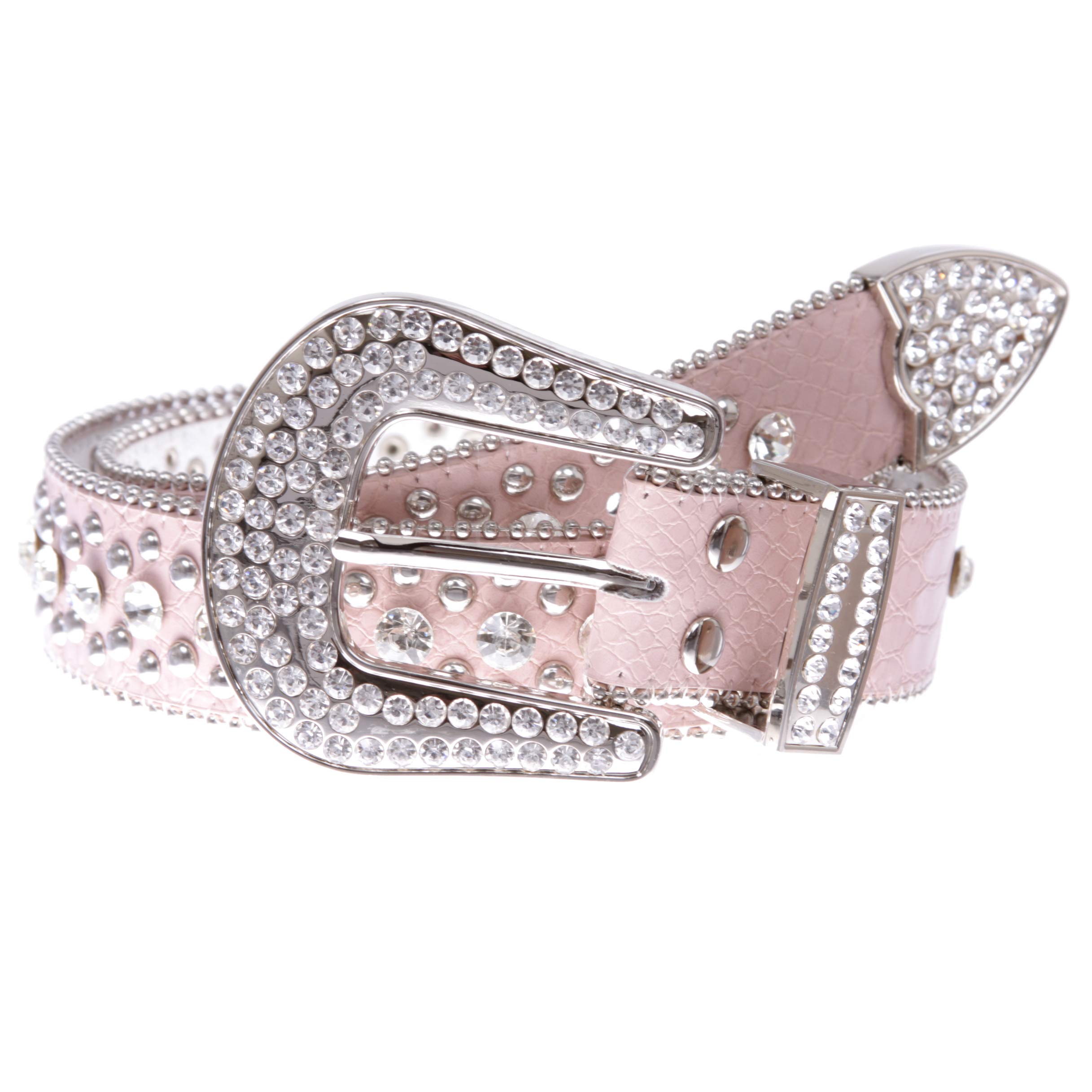 Women's Western Cowgirl Alligator Rhinestone Studded Leather Belt, Pink | 34