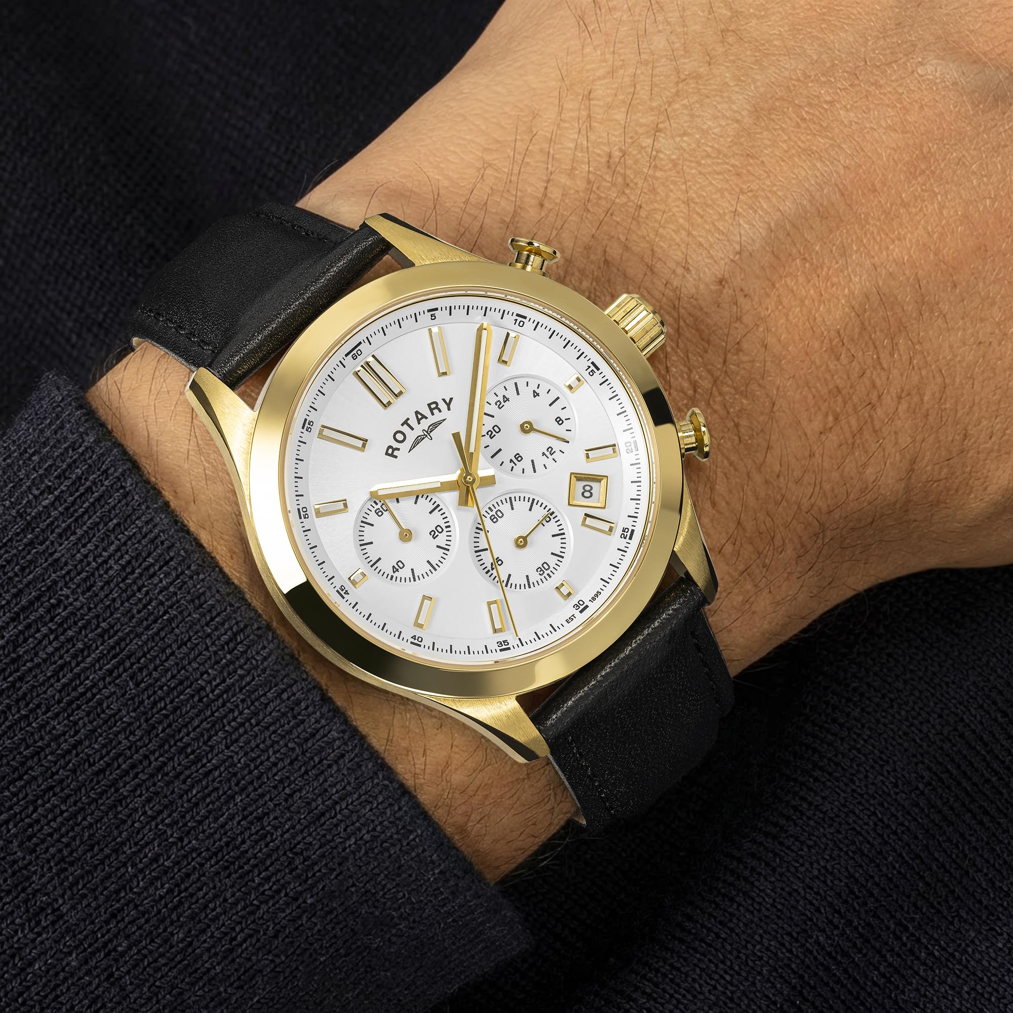 Rotary Heritage Męski zegarek z chronografem ze stali nierdzewnej, pozłacany, z brązowym skórzanym paskiem