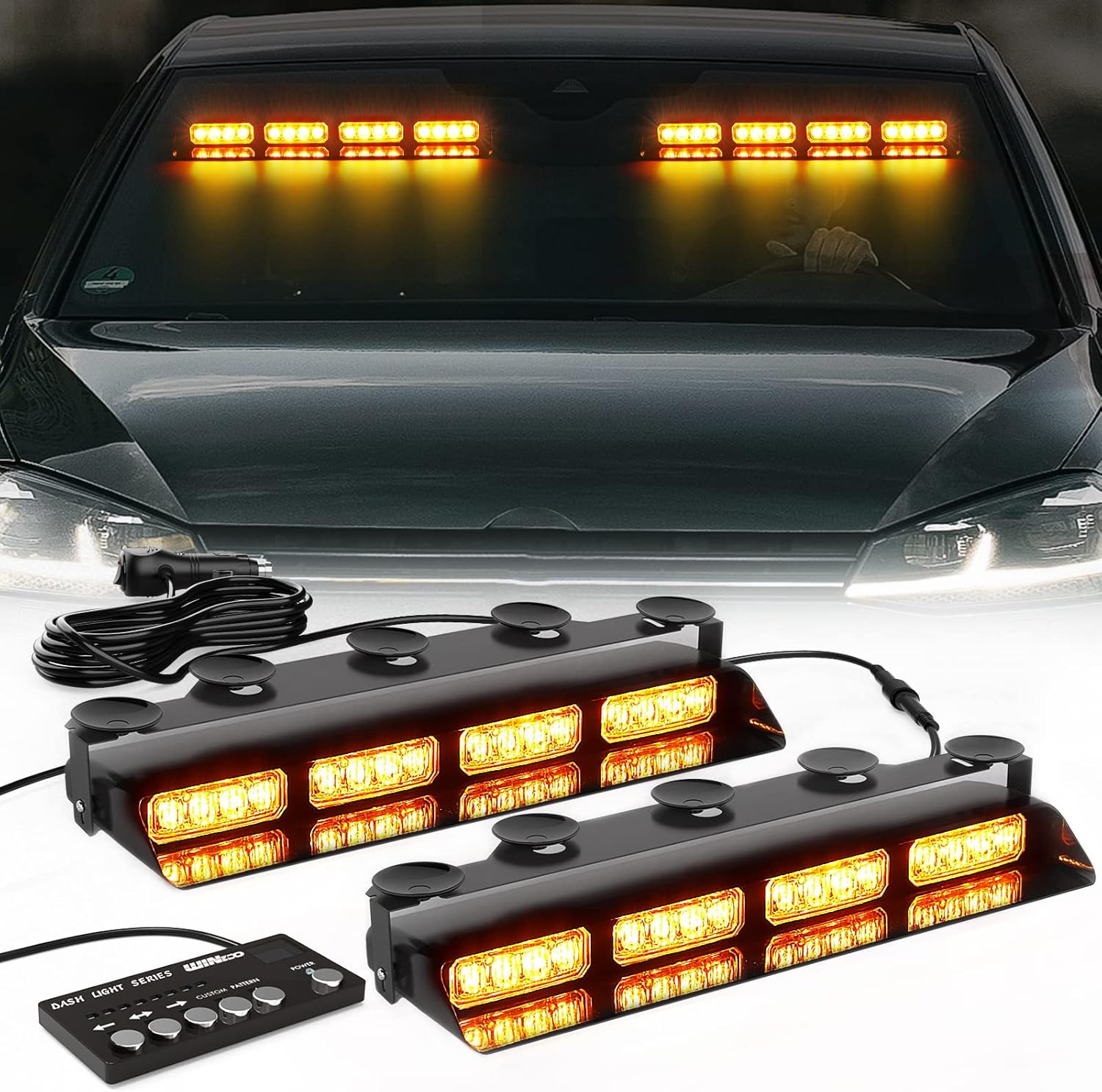 Amber Emergency Dash Strobe Lights Safety Flashing Warning w/Digital Display Controller Interior Front/Rear Windshield Deck Split Light Bar for Construction Vehicles Trucks 2x14 inch