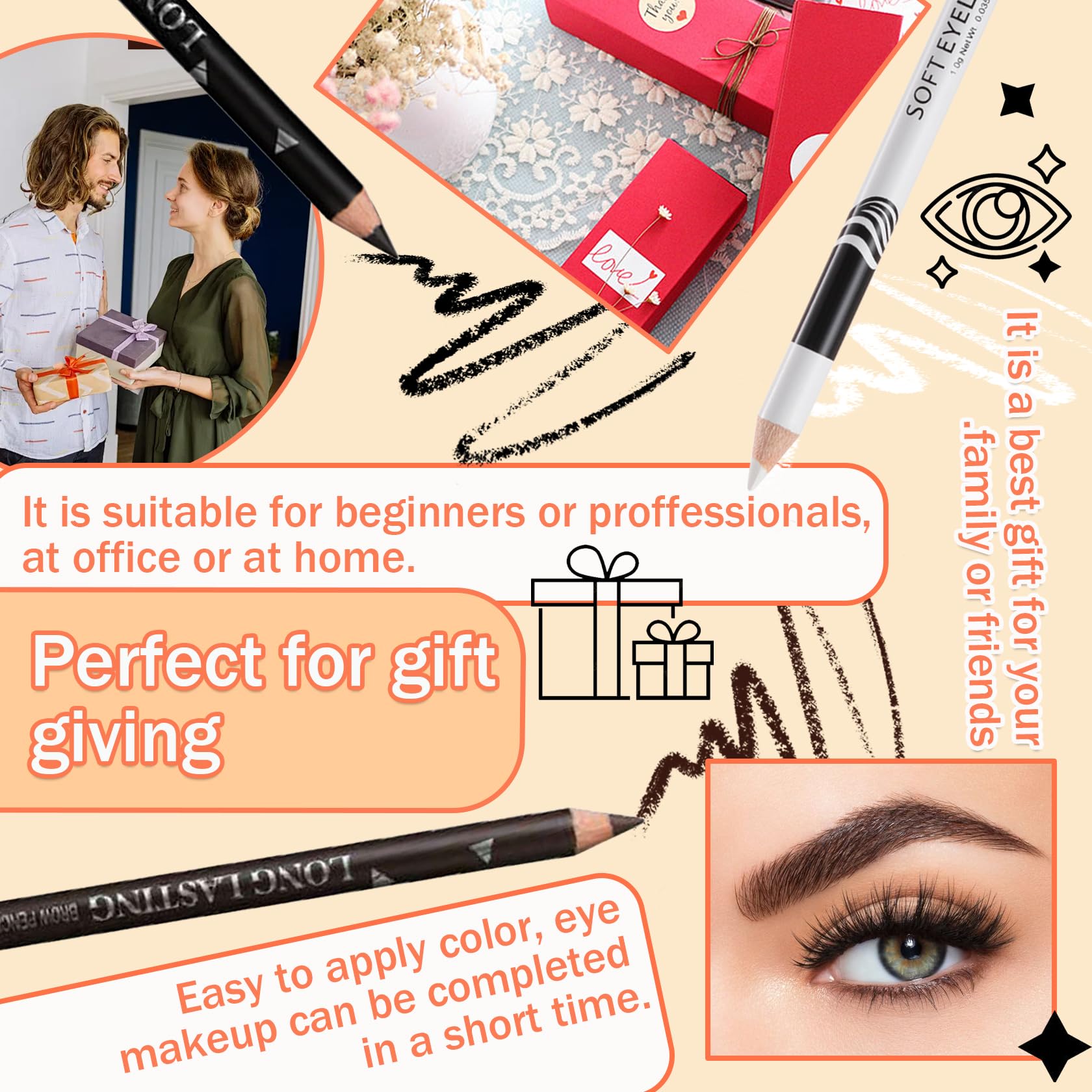 12 lápices delineadores de ojos, color negro, blanco, marrón oscuro, impermeable, a prueba de manchas, larga duración, mate, delineador, lápices de maquillaje, lápiz delineador de ojos de 7