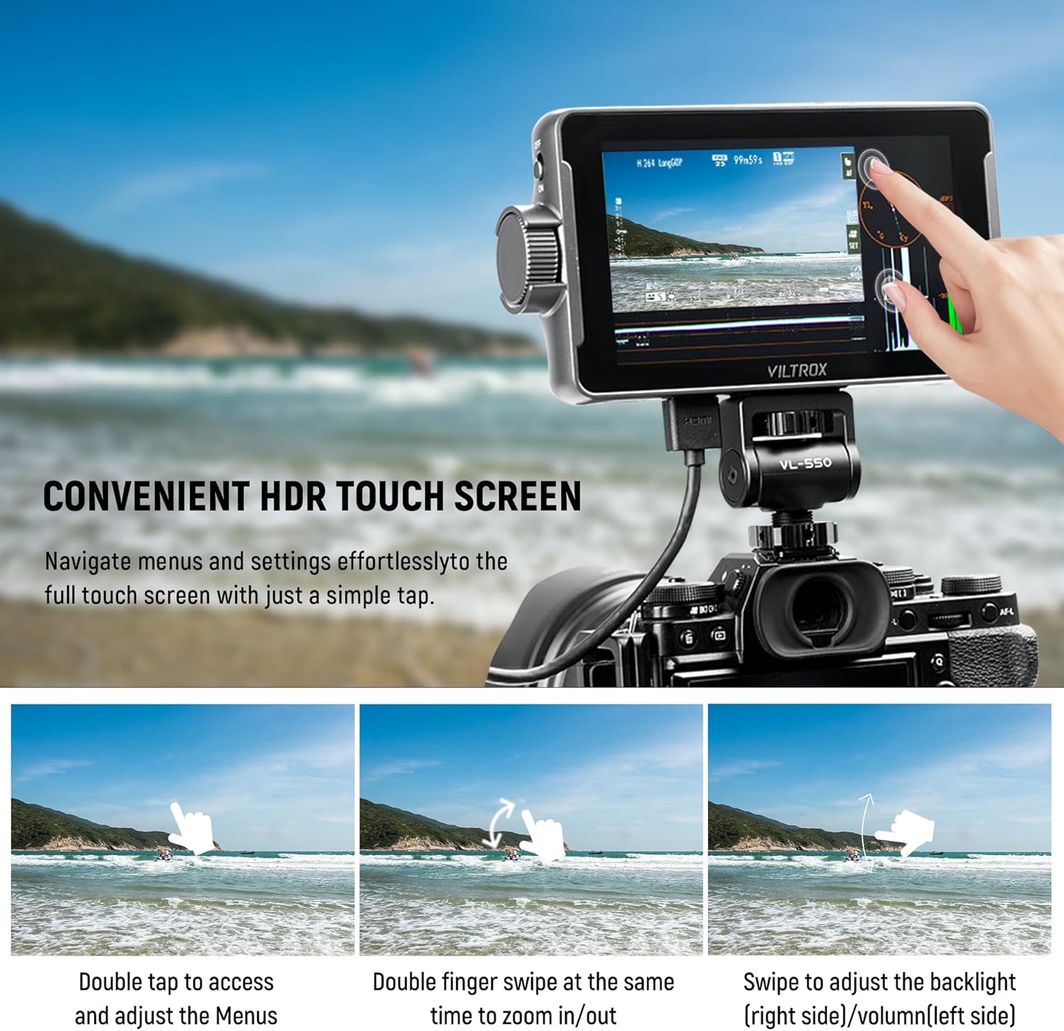 VILTROX DC-550 Pro сенсордук экран жаңсоолору үчүн визуалдык колдонмо