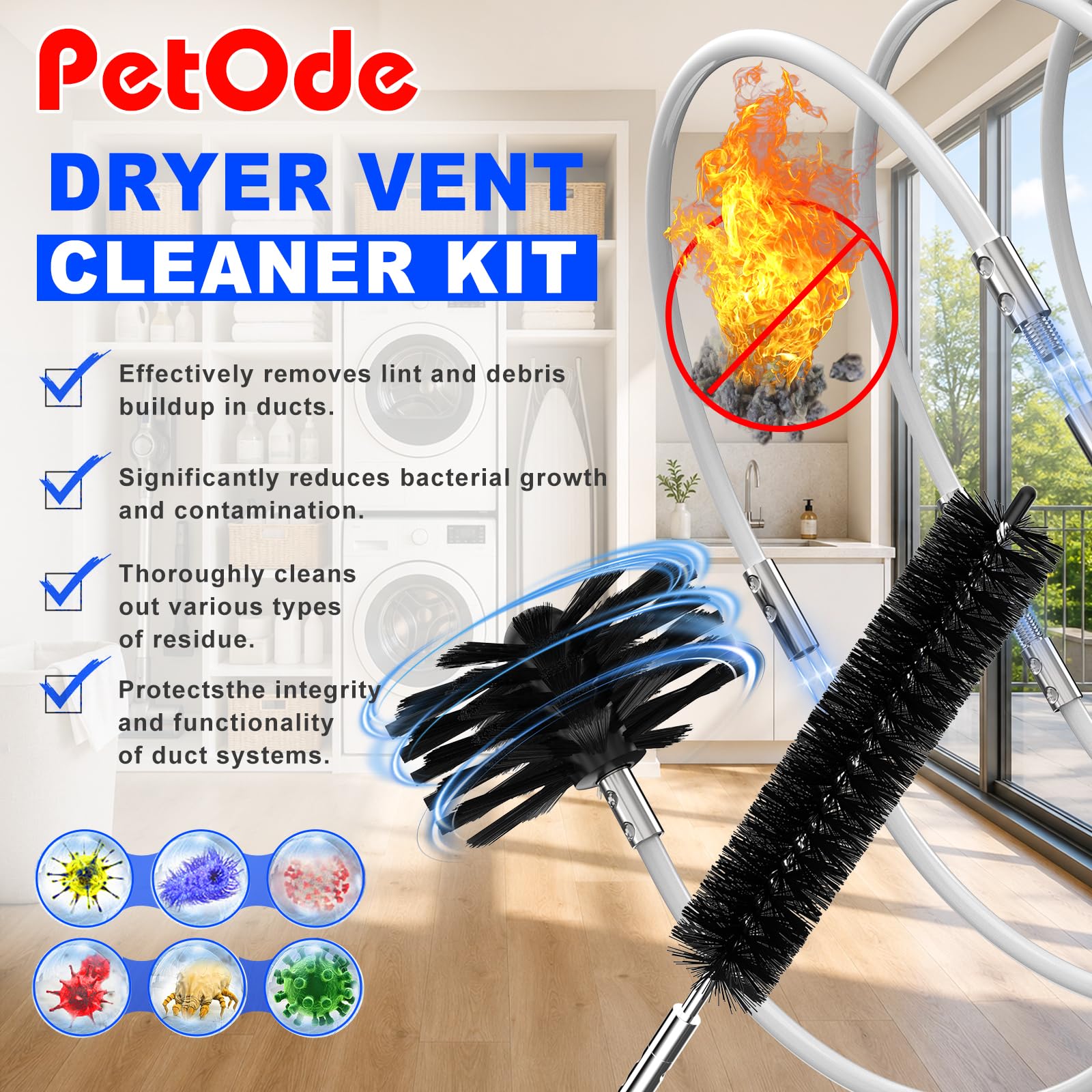 PetOde Kit de limpiador de ventilación de secadora de 42 pies, herramientas