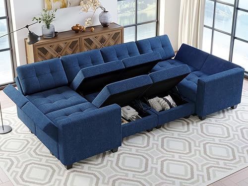 Miniatura 4 de Belffin Sofá cama modular seccional, azul, 3 plazas, algodón